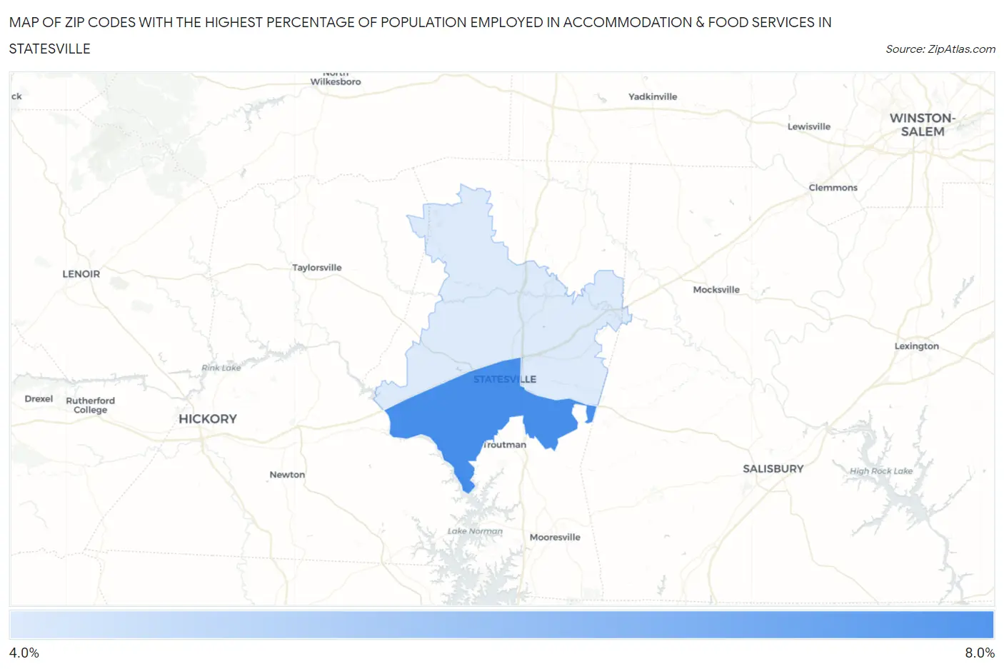 Zip Codes with the Highest Percentage of Population Employed in Accommodation & Food Services in Statesville Map