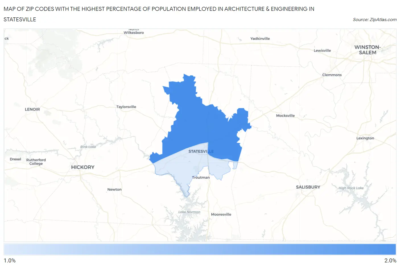 Zip Codes with the Highest Percentage of Population Employed in Architecture & Engineering in Statesville Map