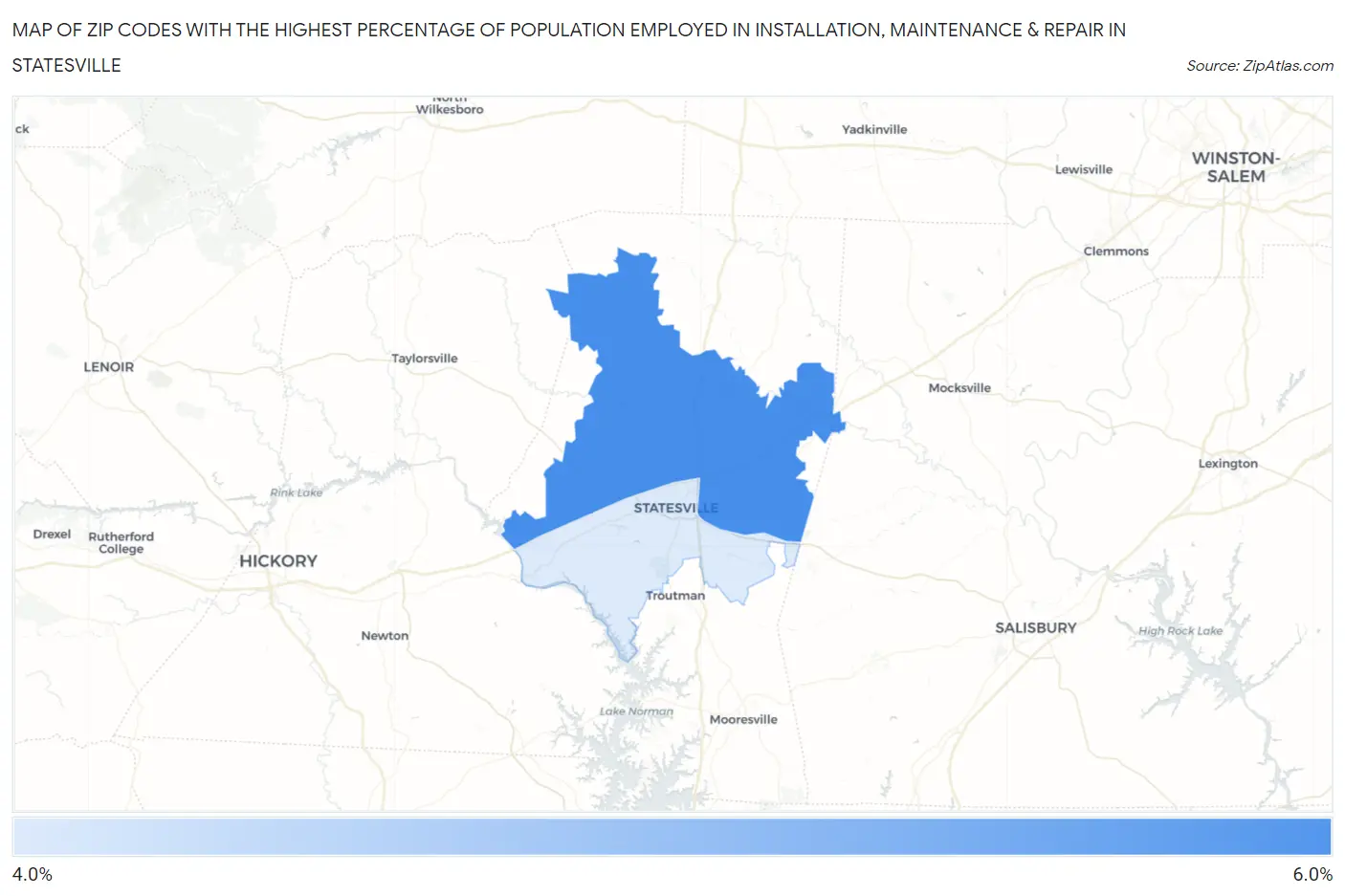 Zip Codes with the Highest Percentage of Population Employed in Installation, Maintenance & Repair in Statesville Map