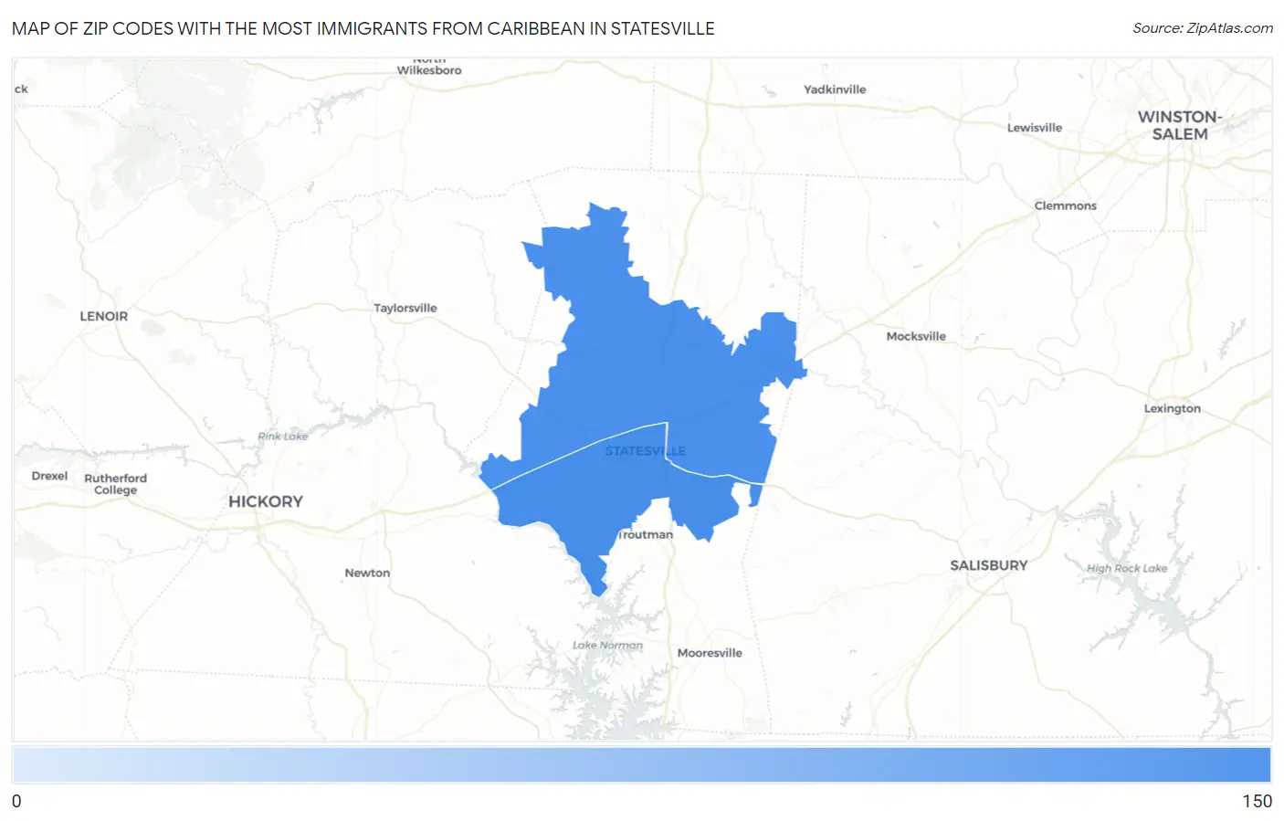 Zip Codes with the Most Immigrants from Caribbean in Statesville Map