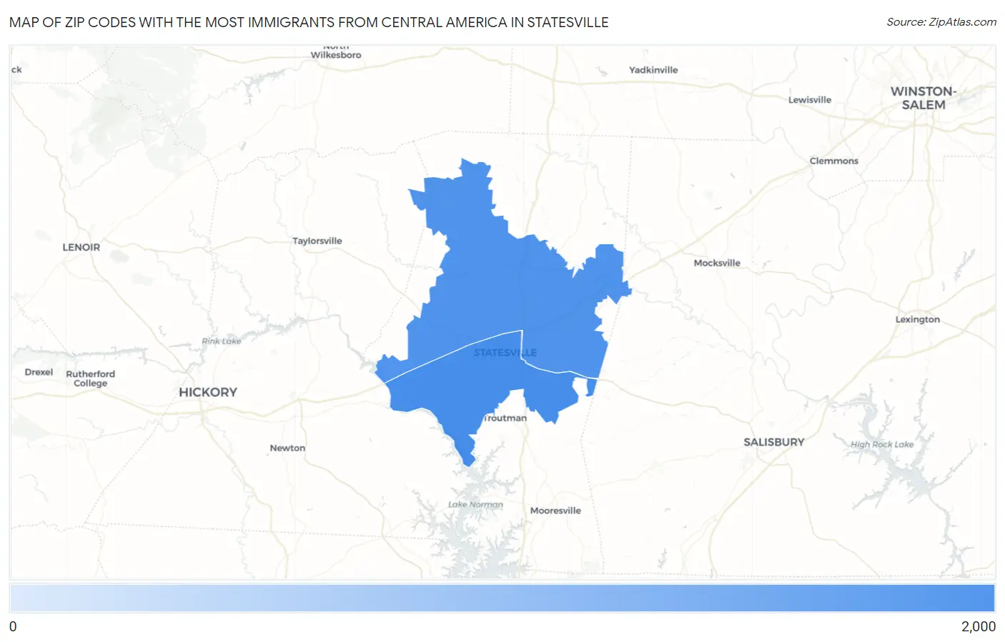 Zip Codes with the Most Immigrants from Central America in Statesville Map