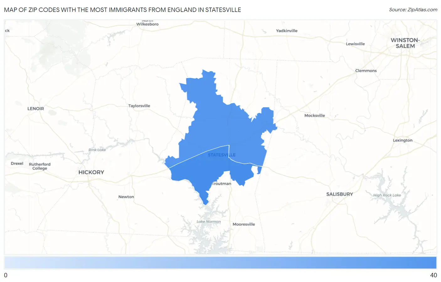Zip Codes with the Most Immigrants from England in Statesville Map