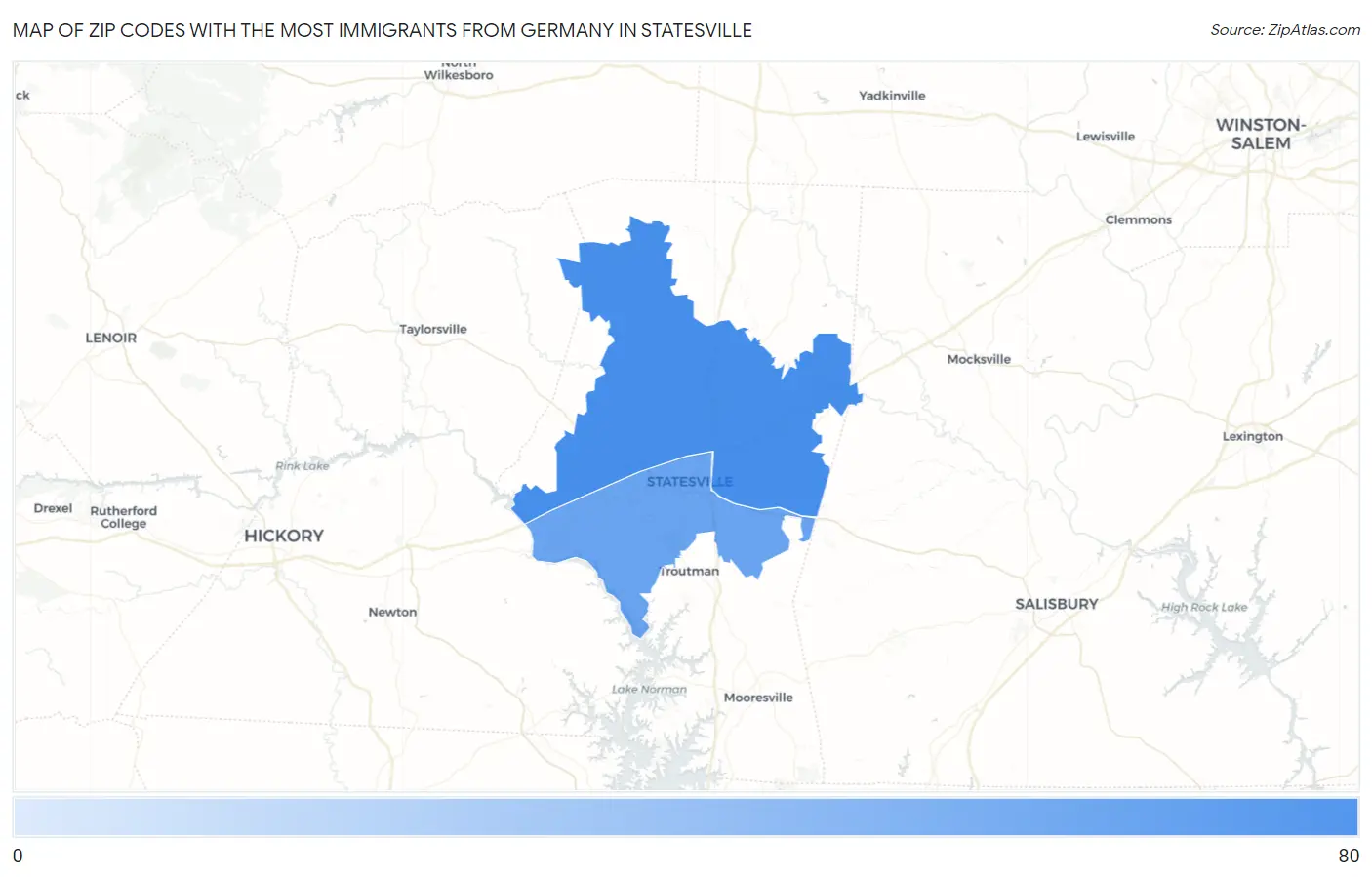 Zip Codes with the Most Immigrants from Germany in Statesville Map