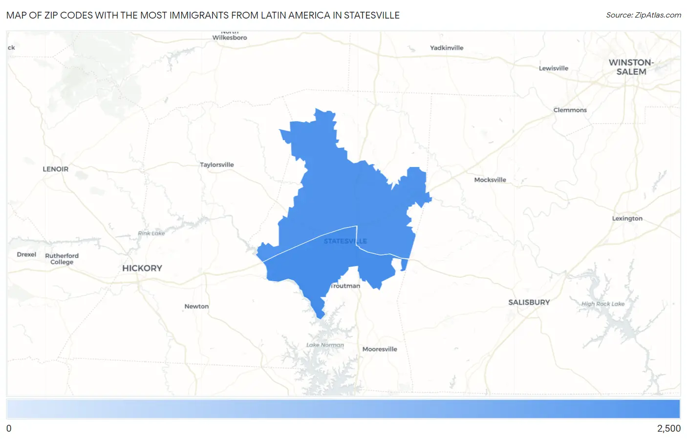 Zip Codes with the Most Immigrants from Latin America in Statesville Map