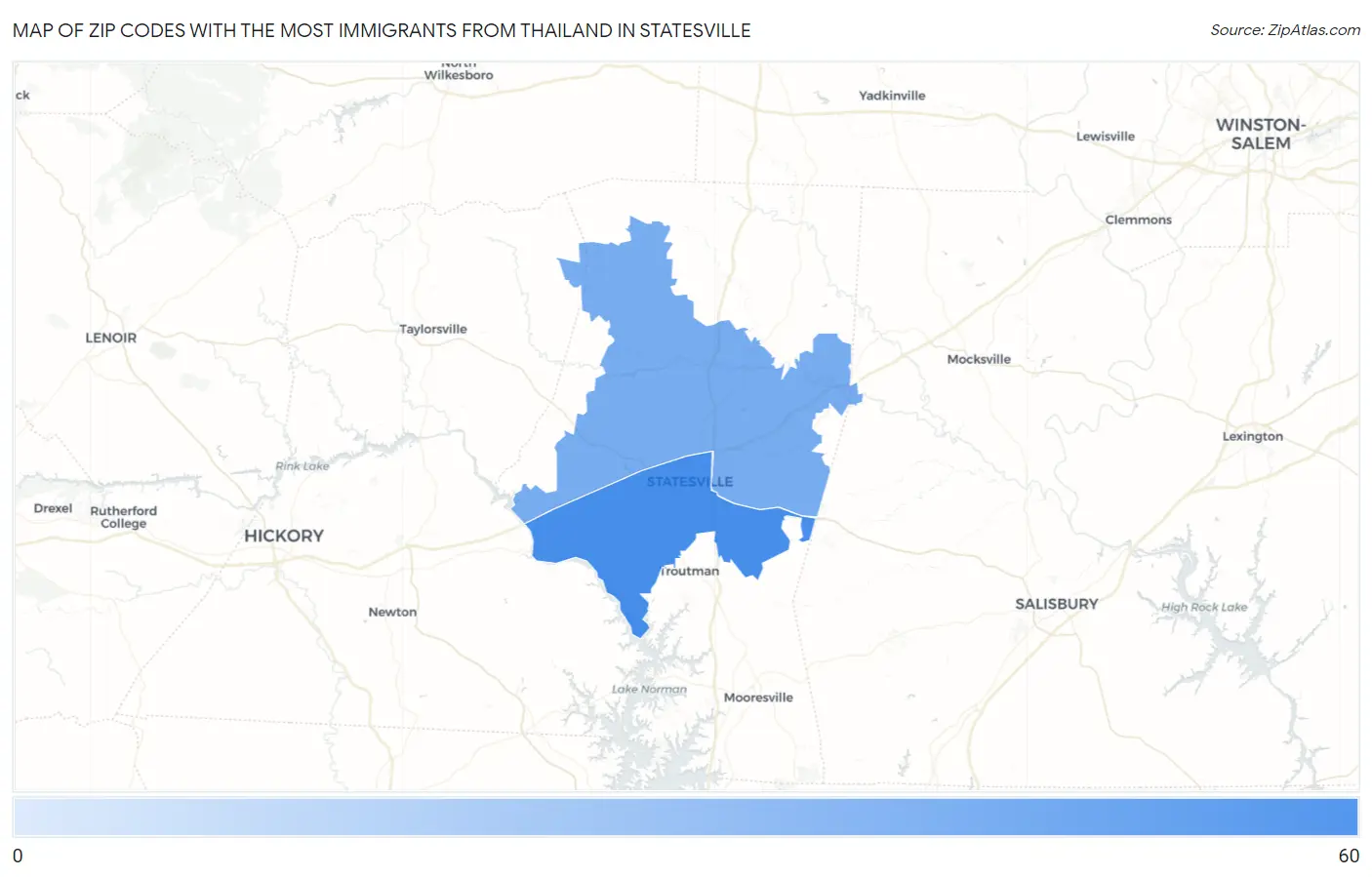 Zip Codes with the Most Immigrants from Thailand in Statesville Map