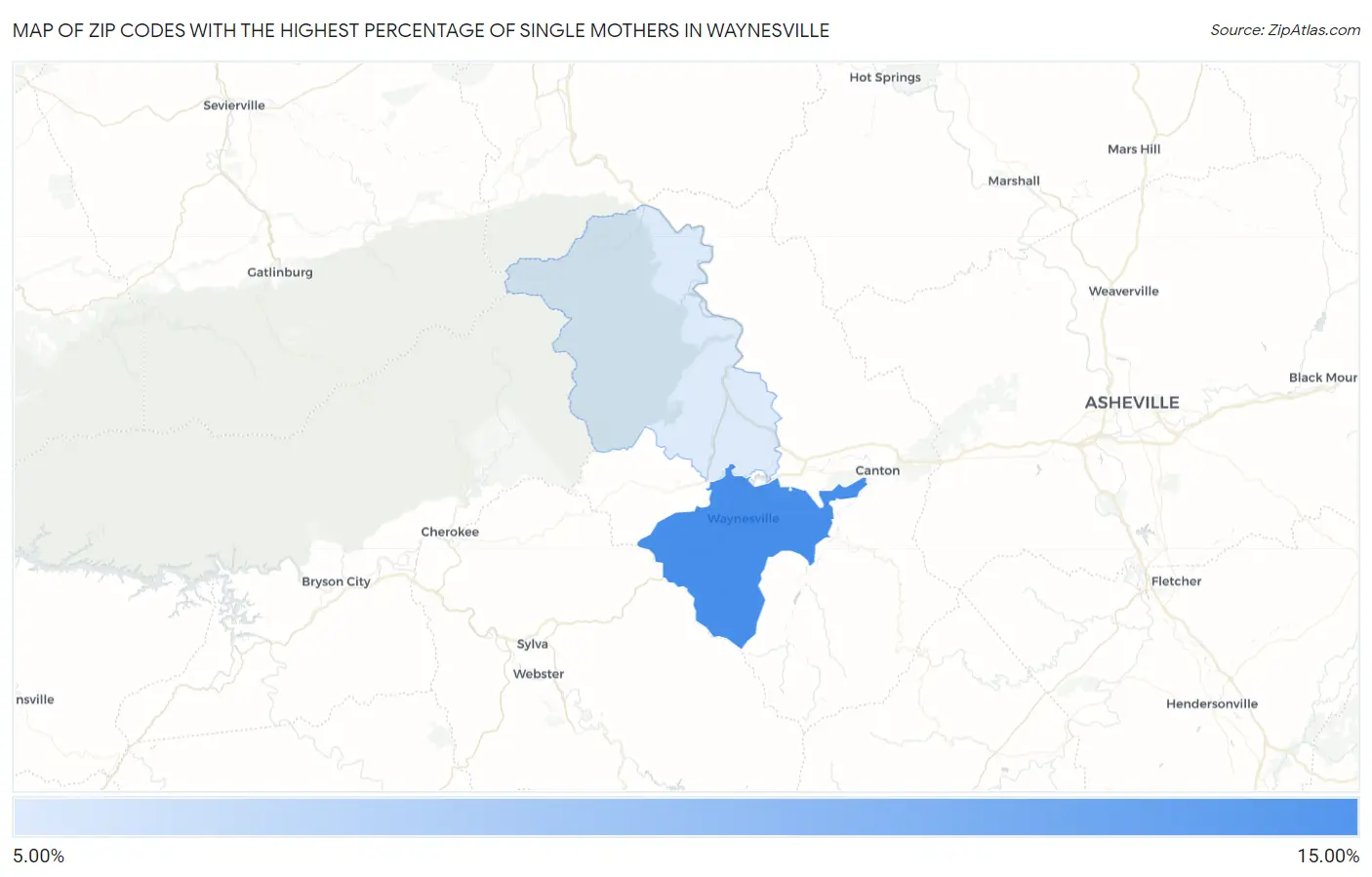 Zip Codes with the Highest Percentage of Single Mothers in Waynesville Map