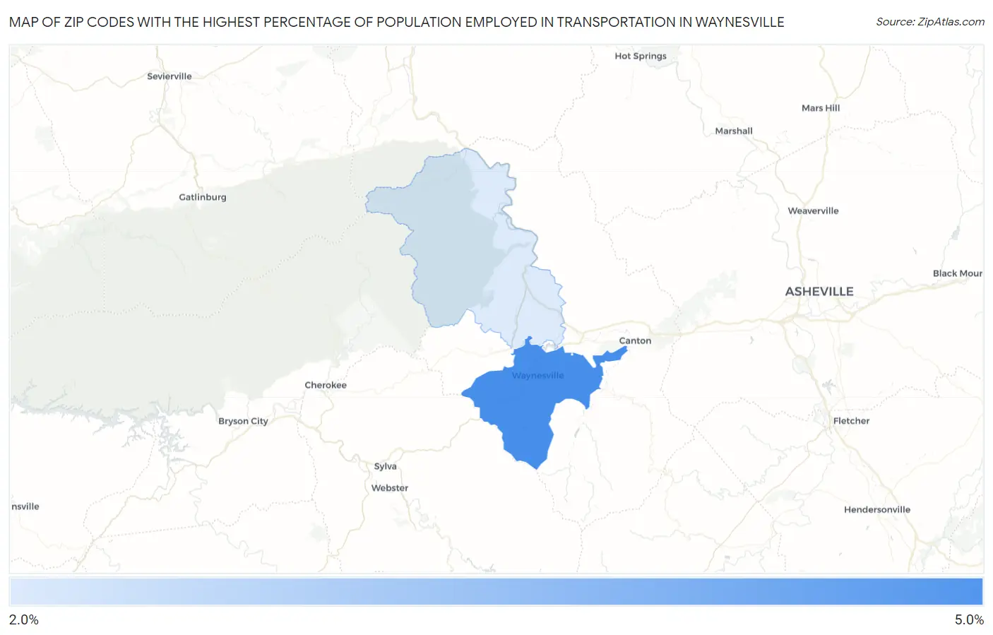 Zip Codes with the Highest Percentage of Population Employed in Transportation in Waynesville Map