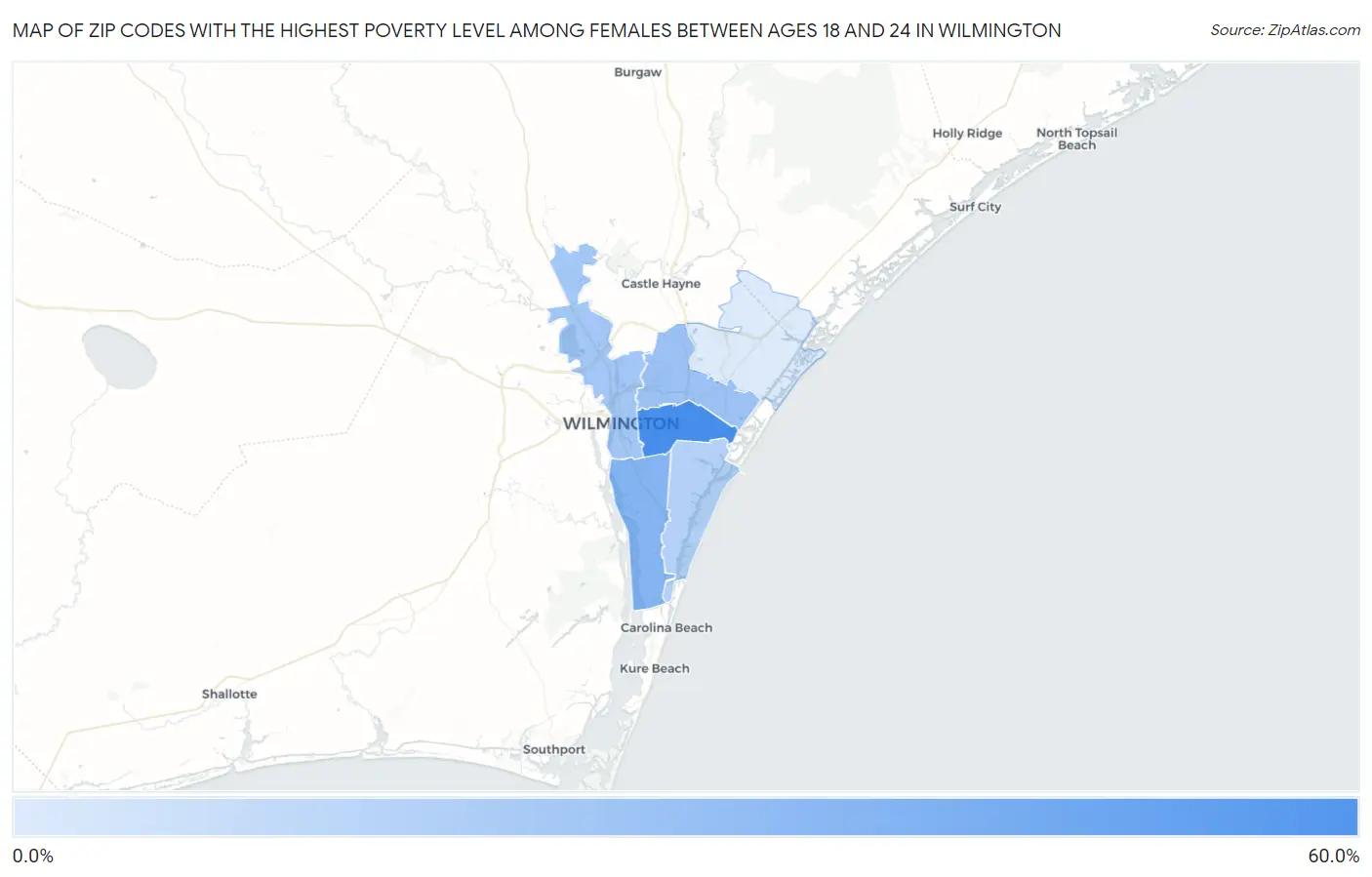 Zip Codes with the Highest Poverty Level Among Females Between Ages 18 and 24 in Wilmington Map