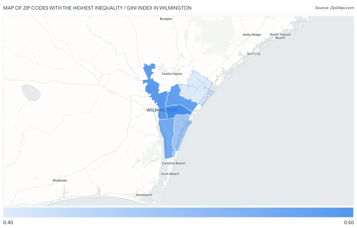Zip Codes with the Highest Inequality / Gini Index in Wilmington Map