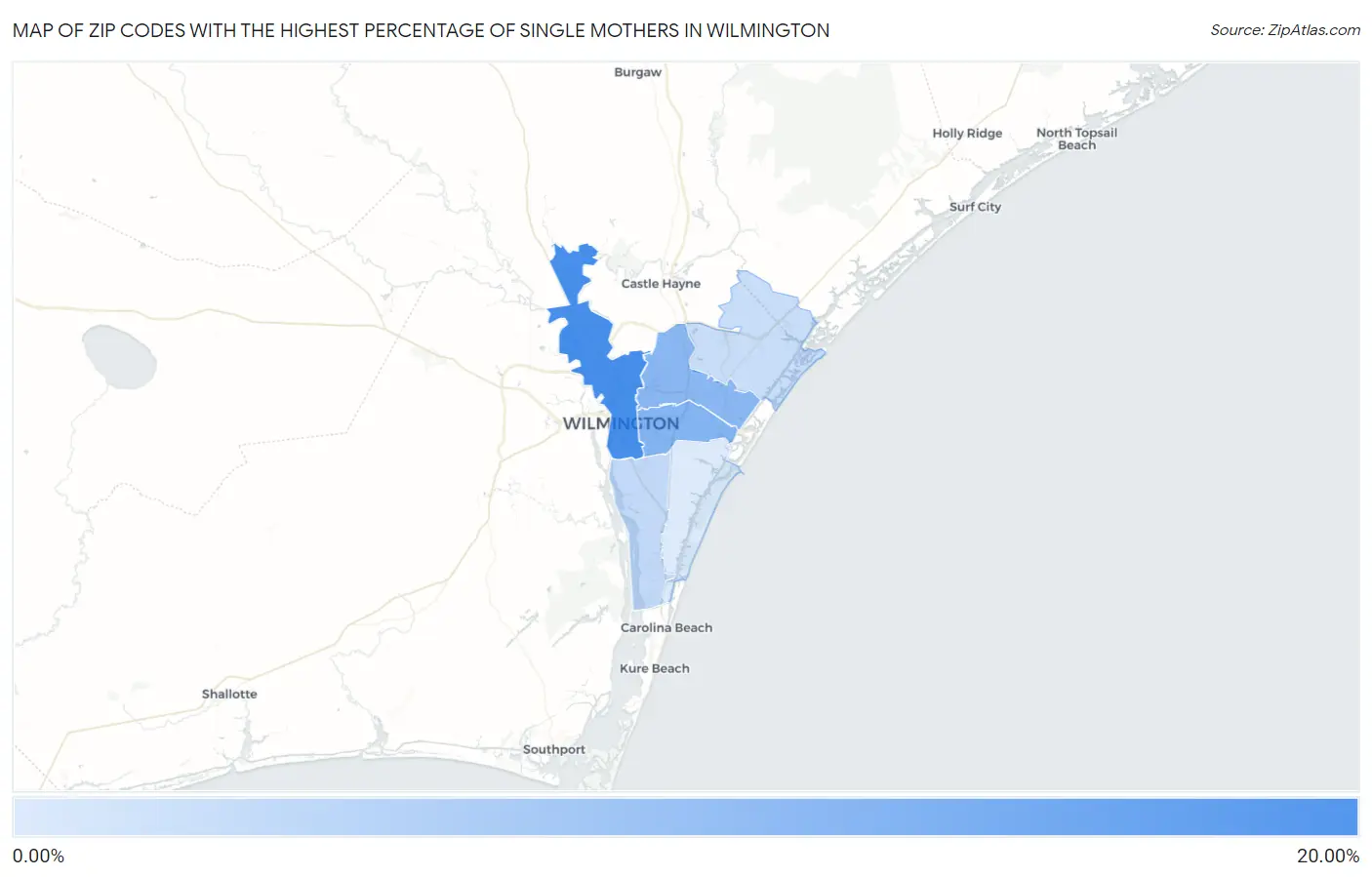 Zip Codes with the Highest Percentage of Single Mothers in Wilmington Map