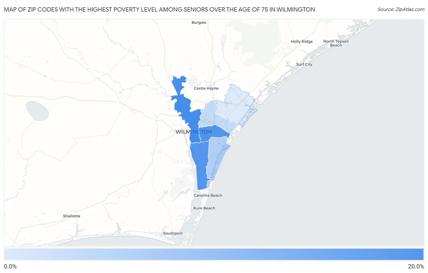 Zip Codes with the Highest Poverty Level Among Seniors Over the Age of 75 in Wilmington Map