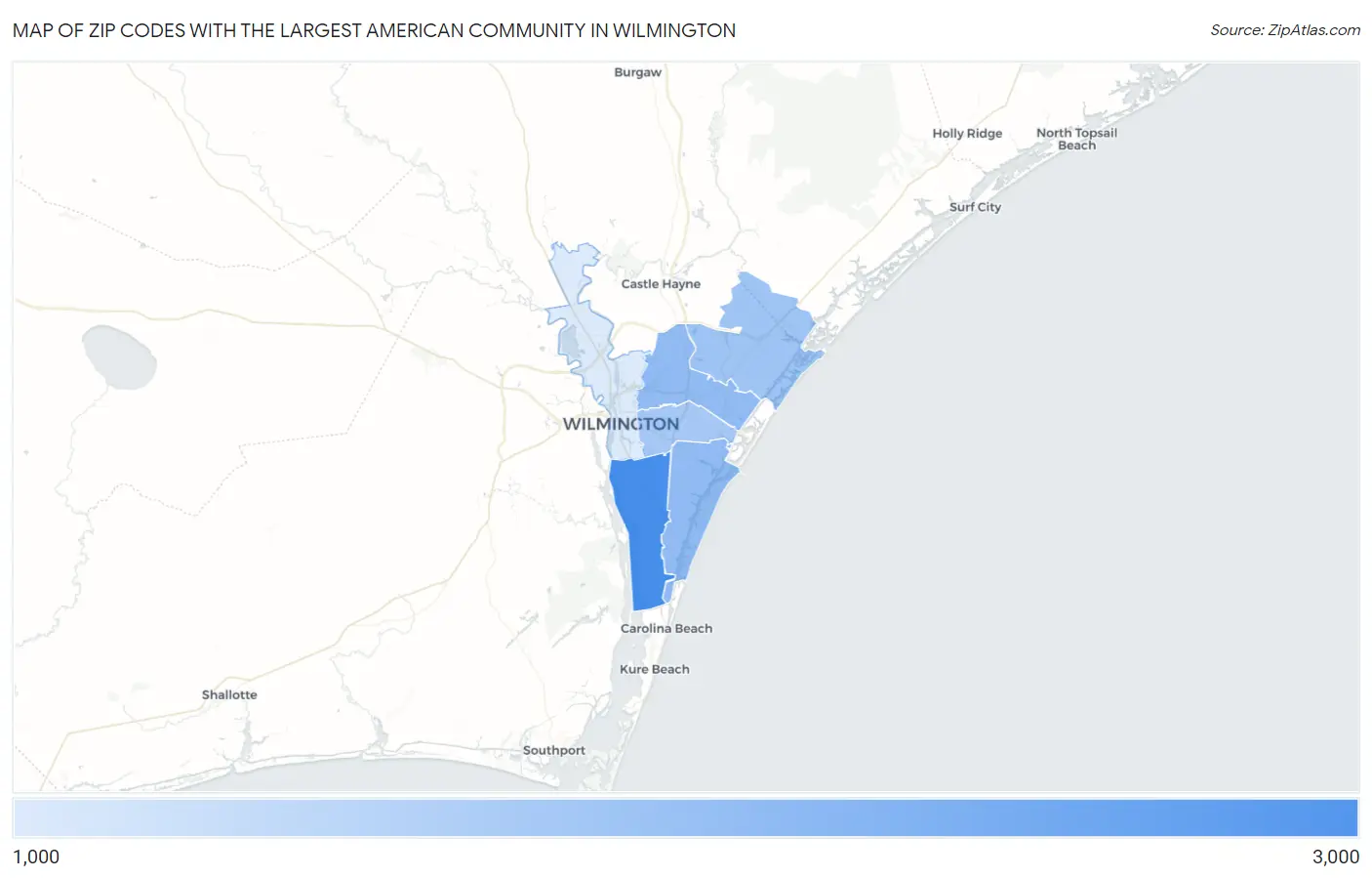 Zip Codes with the Largest American Community in Wilmington Map