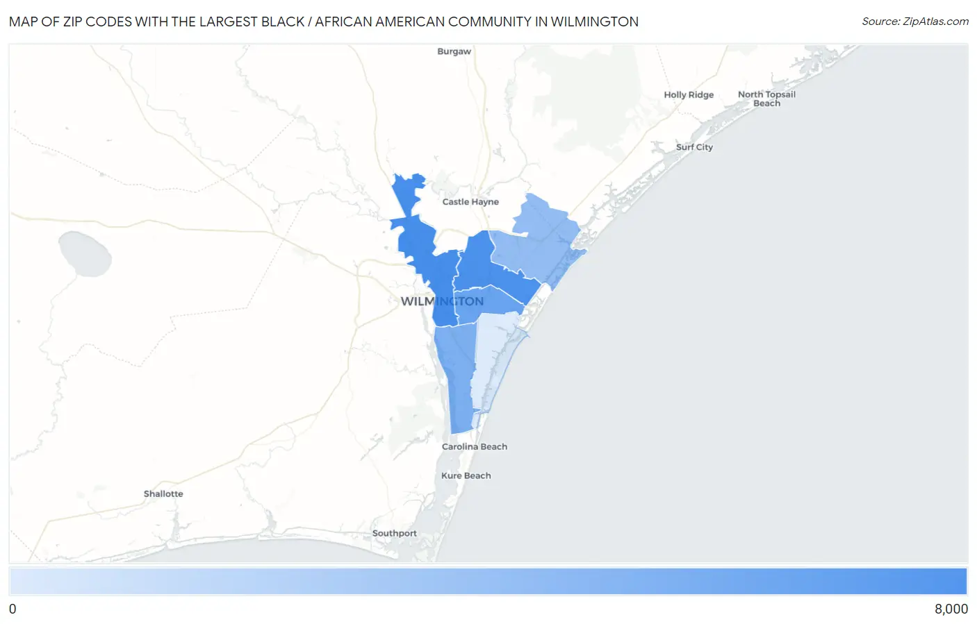 Zip Codes with the Largest Black / African American Community in Wilmington Map