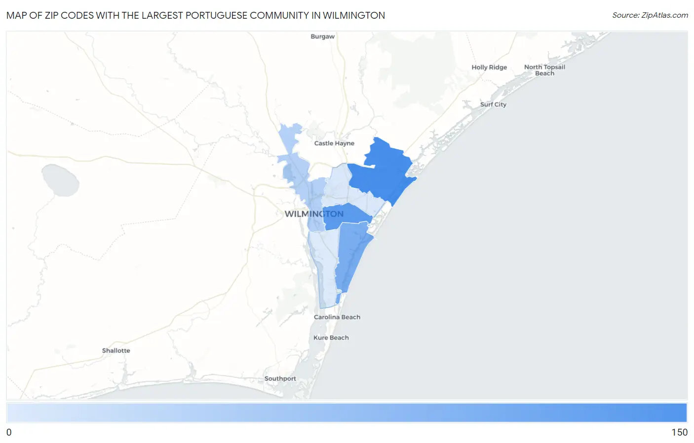 Zip Codes with the Largest Portuguese Community in Wilmington Map