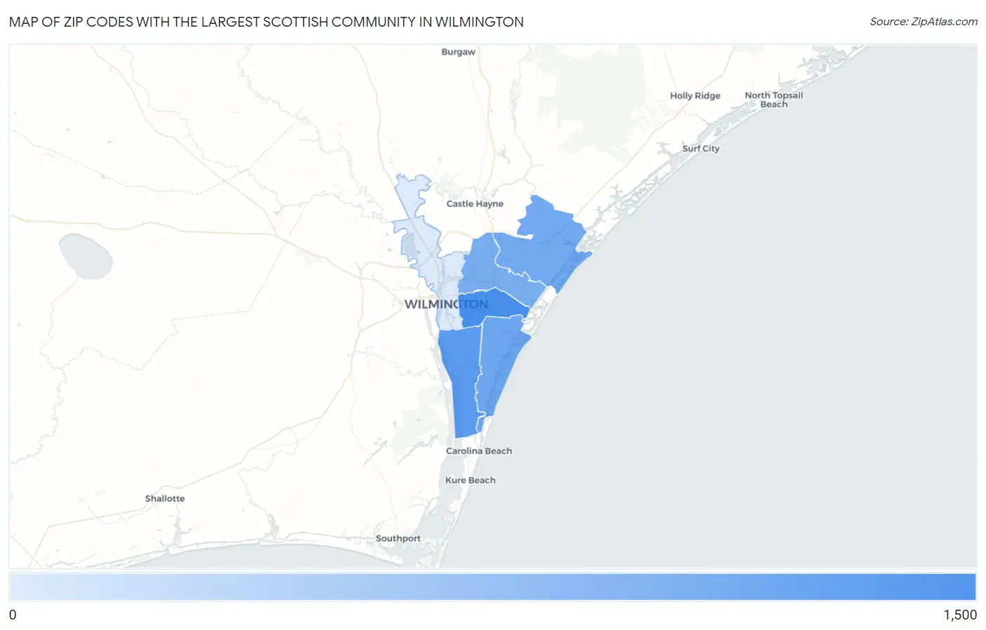 Zip Codes with the Largest Scottish Community in Wilmington Map