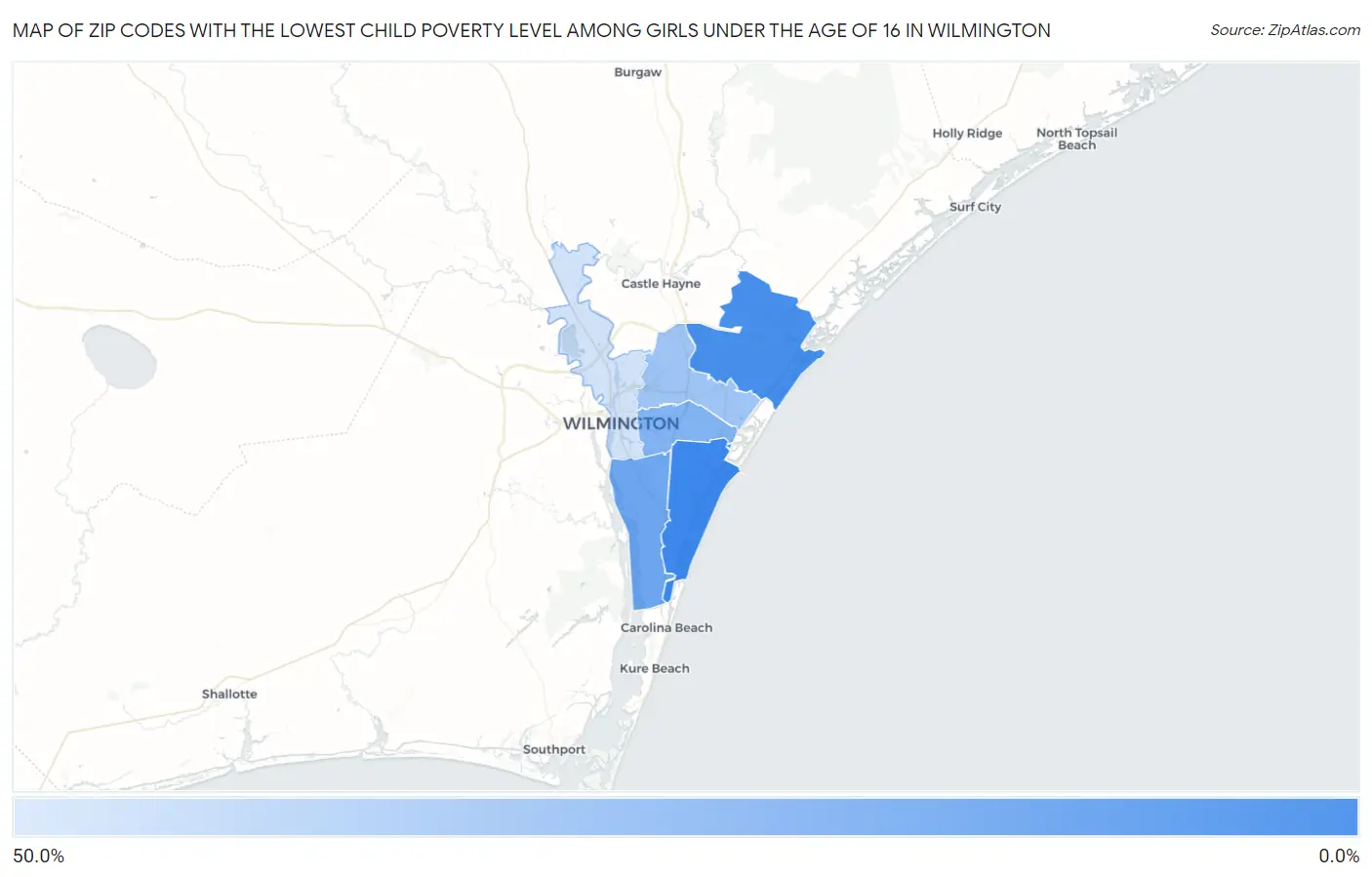 Zip Codes with the Lowest Child Poverty Level Among Girls Under the Age of 16 in Wilmington Map