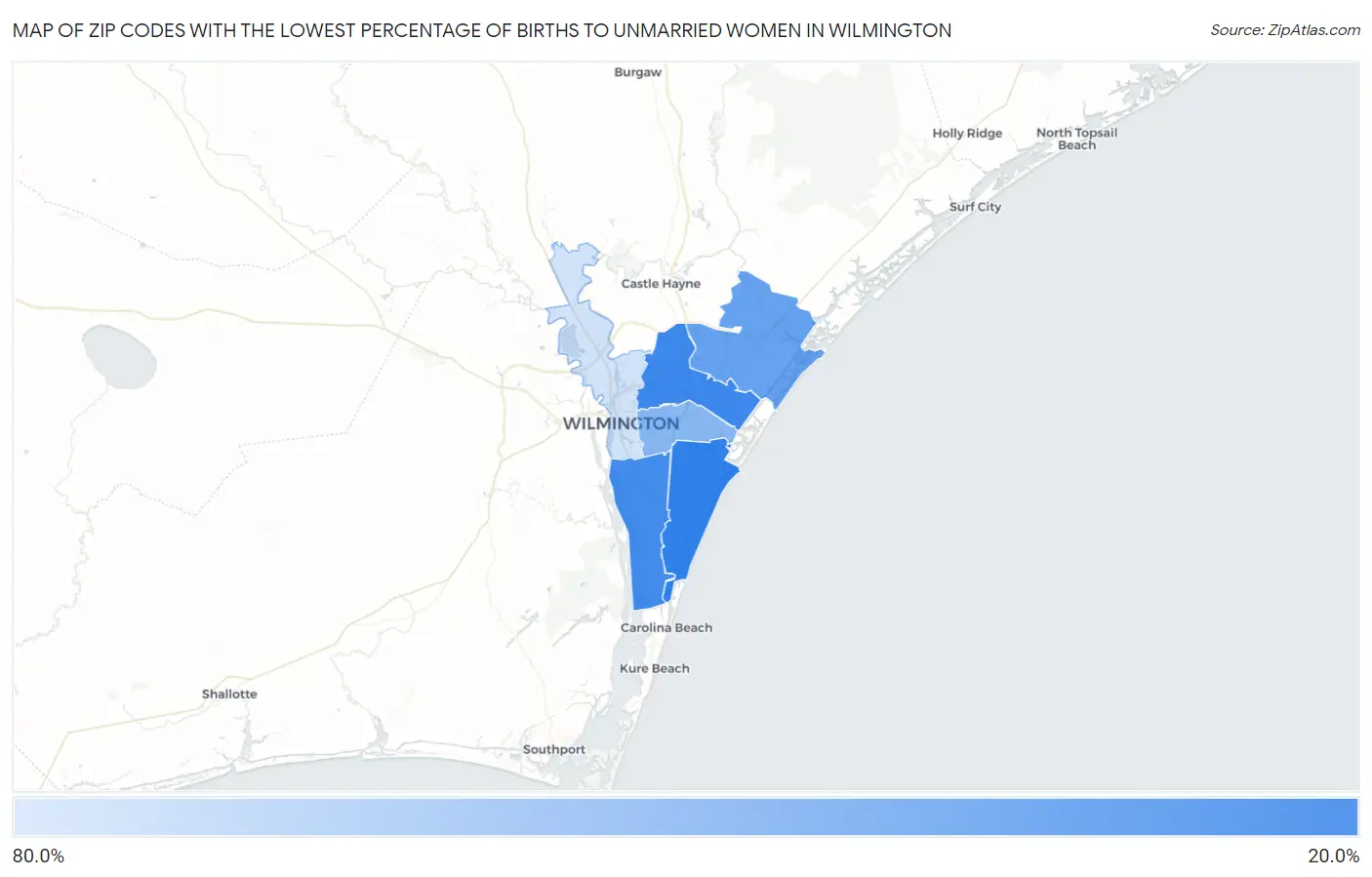 Zip Codes with the Lowest Percentage of Births to Unmarried Women in Wilmington Map