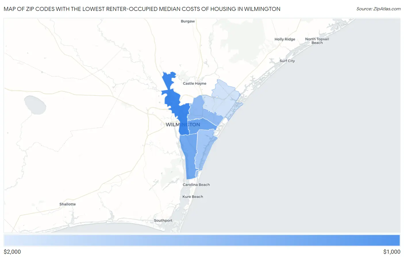Zip Codes with the Lowest Renter-Occupied Median Costs of Housing in Wilmington Map