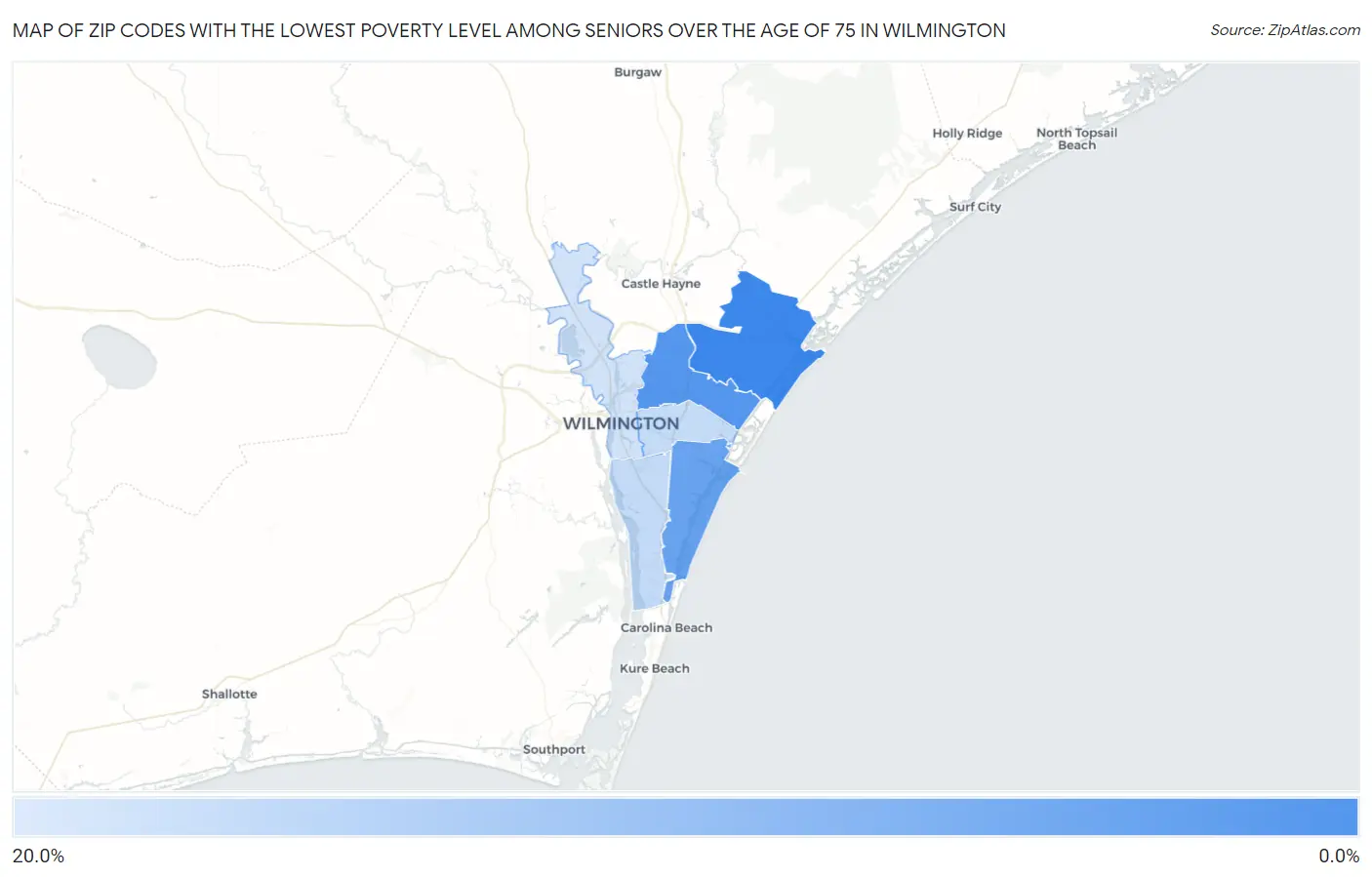 Zip Codes with the Lowest Poverty Level Among Seniors Over the Age of 75 in Wilmington Map