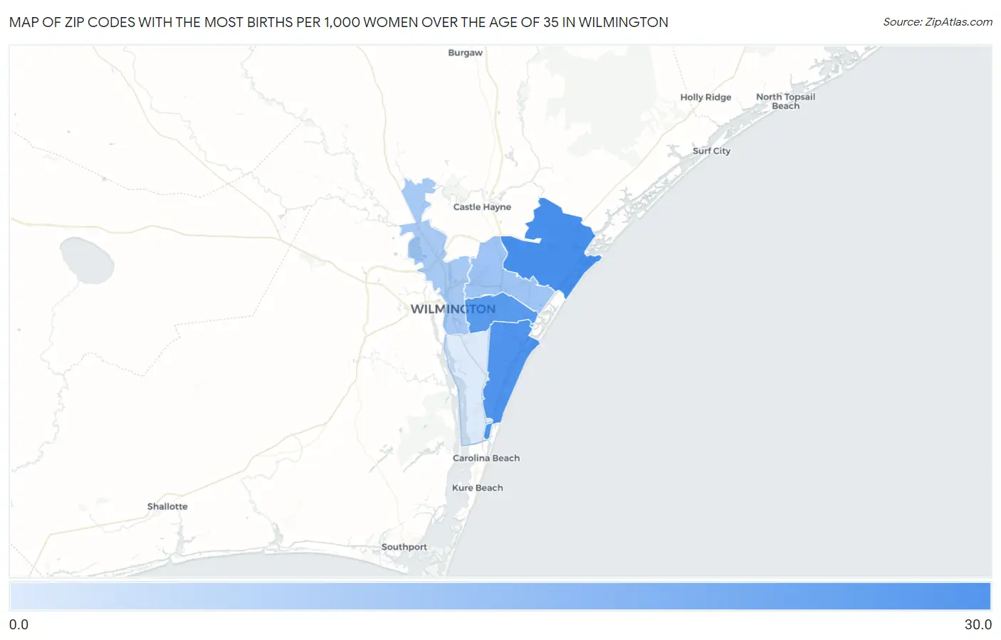 Zip Codes with the Most Births per 1,000 Women Over the Age of 35 in Wilmington Map