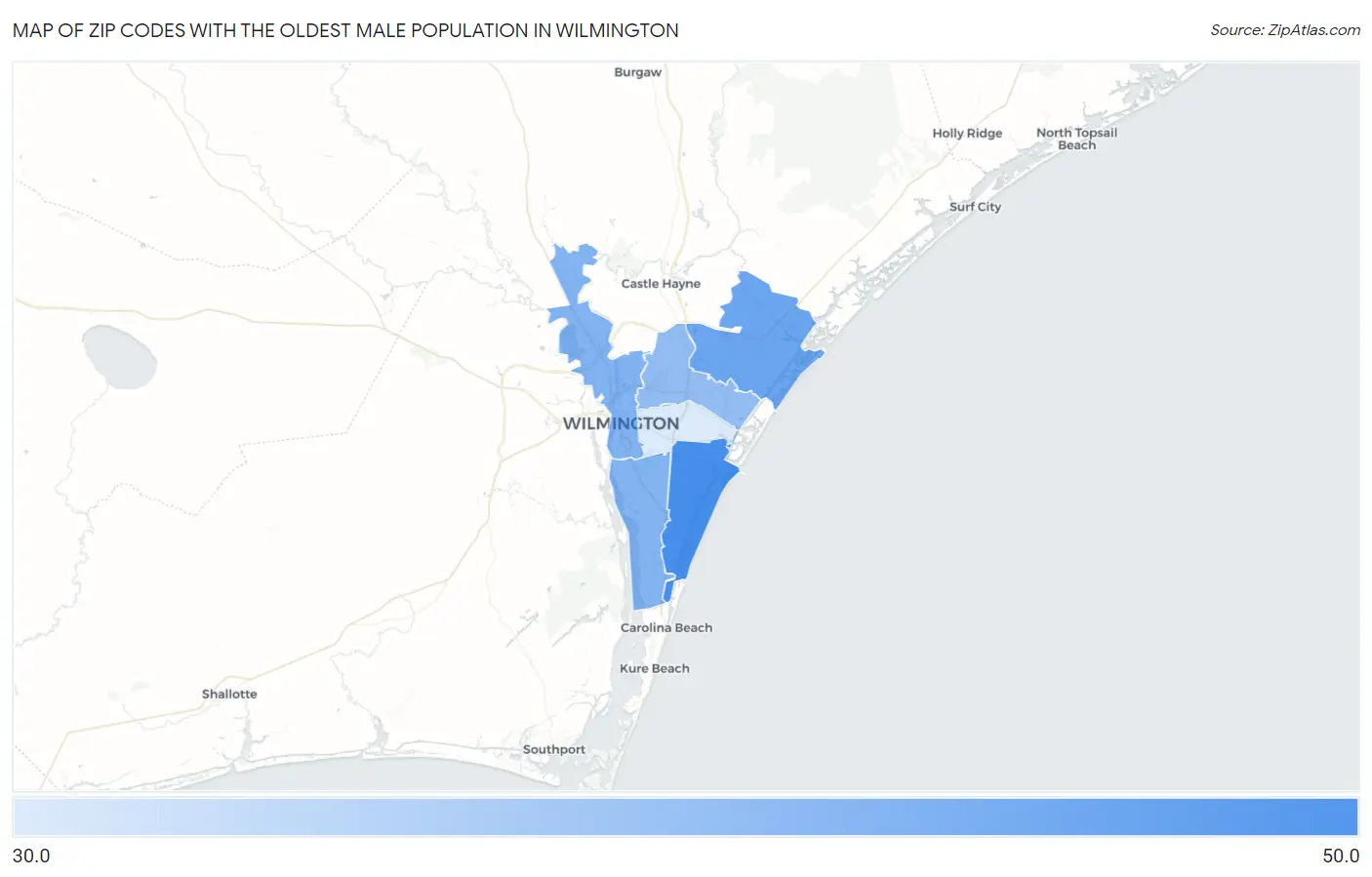 Zip Codes with the Oldest Male Population in Wilmington Map