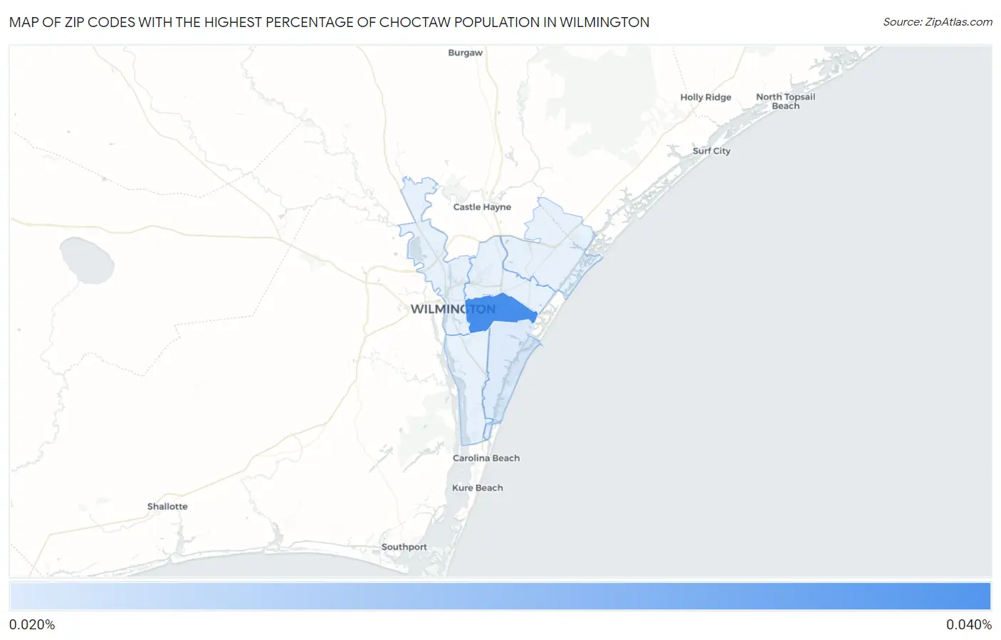 Zip Codes with the Highest Percentage of Choctaw Population in Wilmington Map