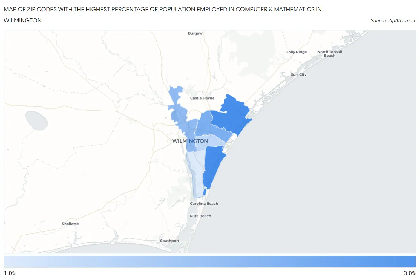 Zip Codes with the Highest Percentage of Population Employed in Computer & Mathematics in Wilmington Map