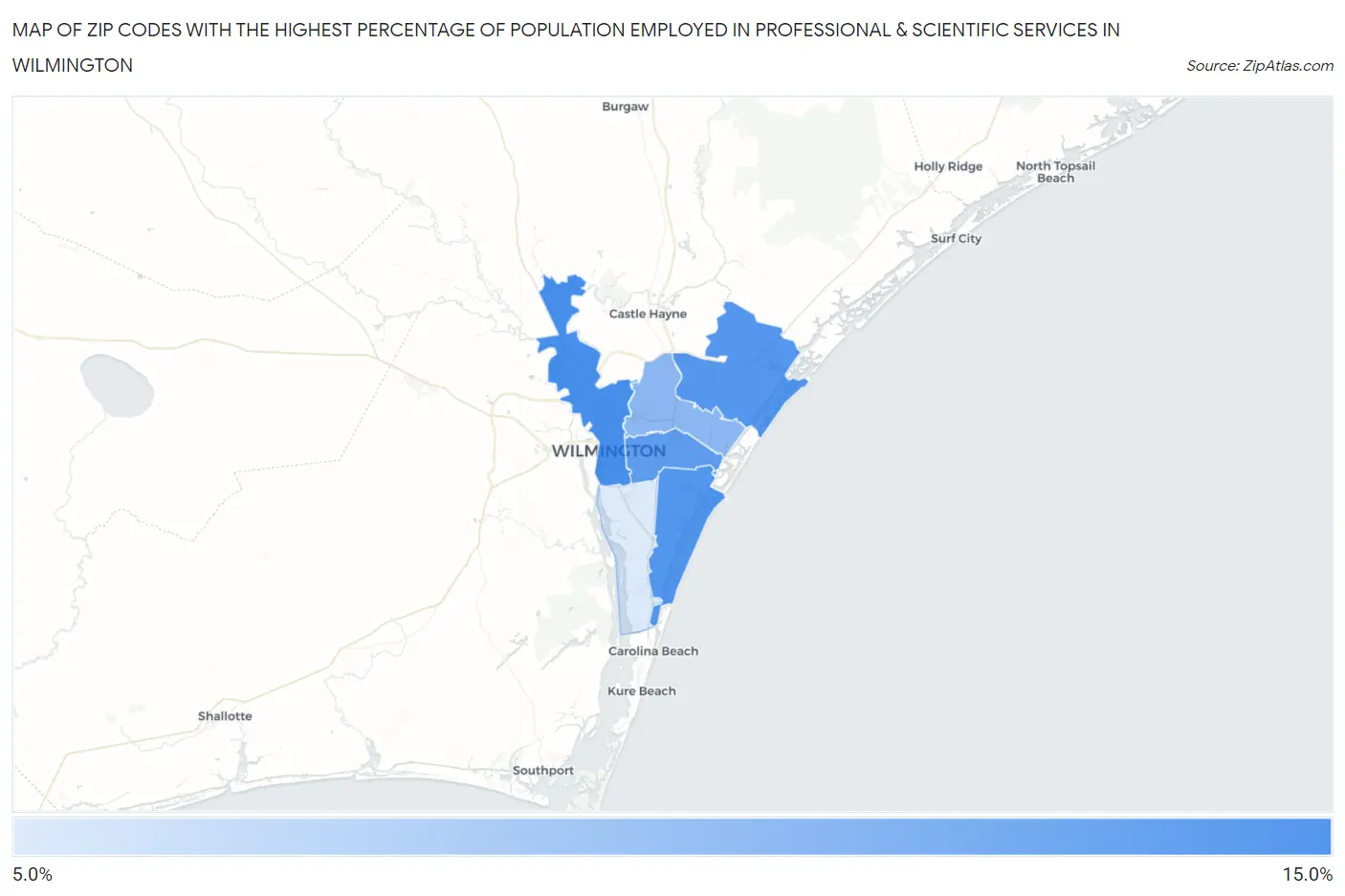 Zip Codes with the Highest Percentage of Population Employed in Professional & Scientific Services in Wilmington Map