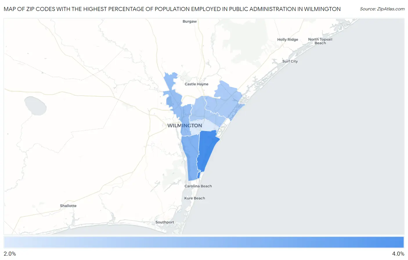 Zip Codes with the Highest Percentage of Population Employed in Public Administration in Wilmington Map