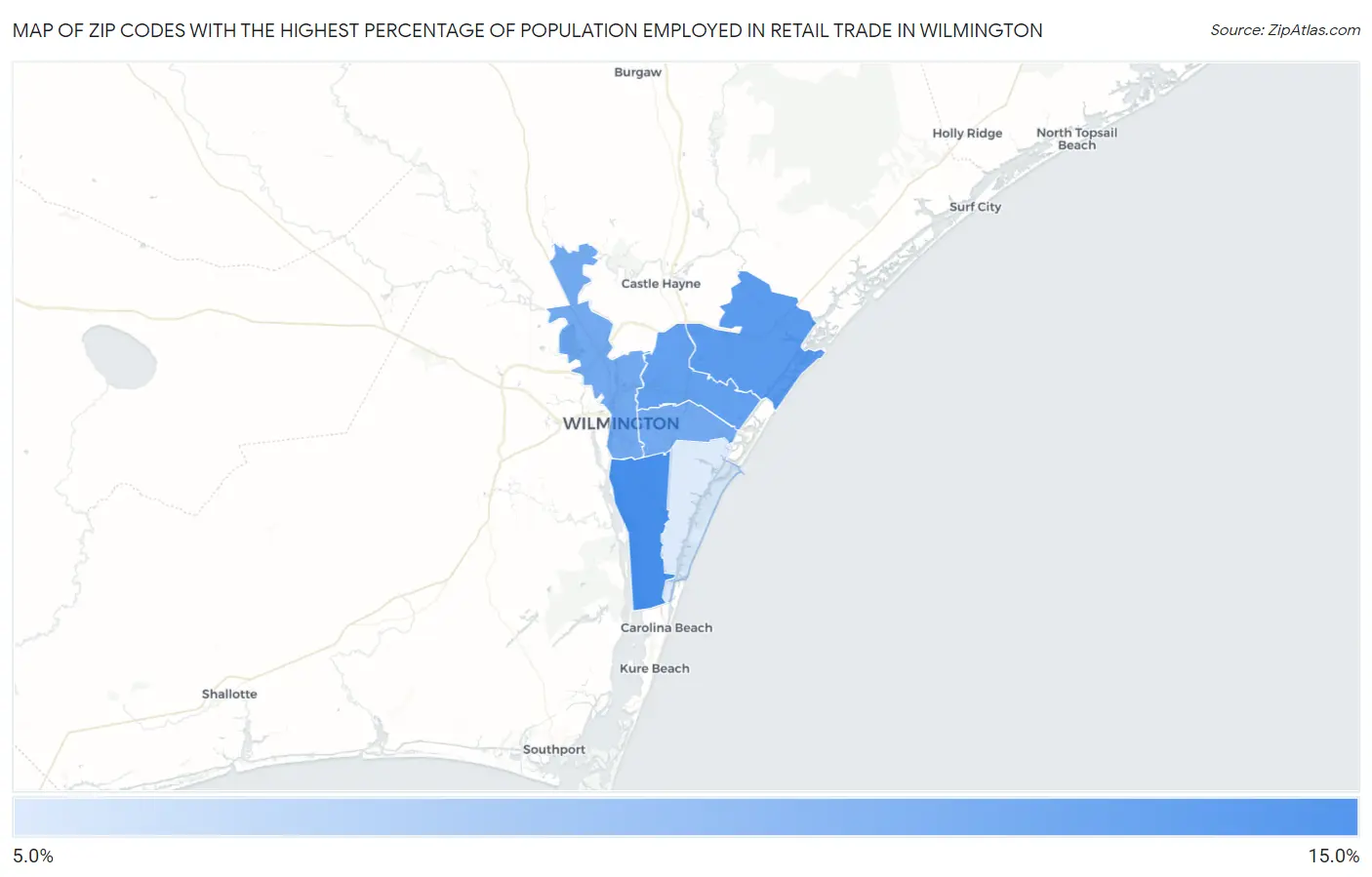 Zip Codes with the Highest Percentage of Population Employed in Retail Trade in Wilmington Map