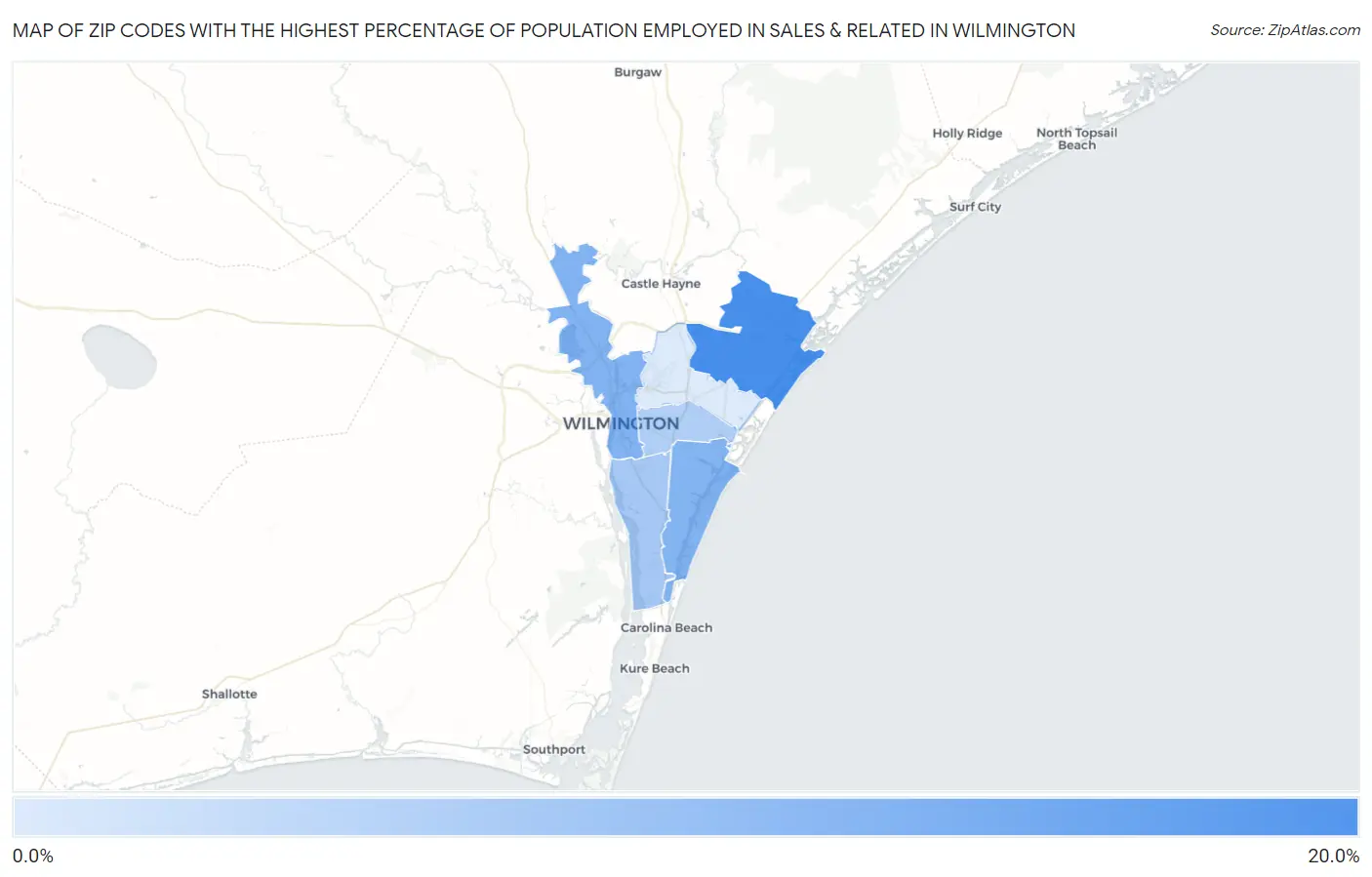 Zip Codes with the Highest Percentage of Population Employed in Sales & Related in Wilmington Map