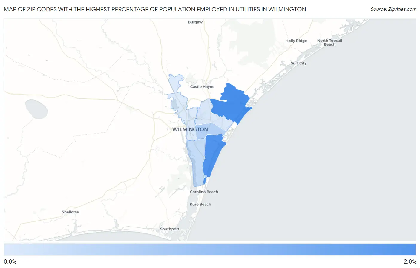Zip Codes with the Highest Percentage of Population Employed in Utilities in Wilmington Map