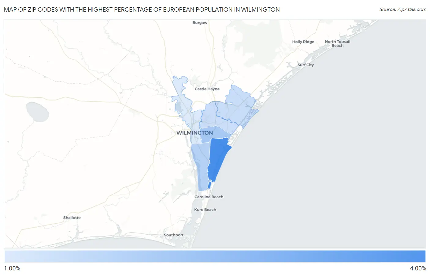 Zip Codes with the Highest Percentage of European Population in Wilmington Map