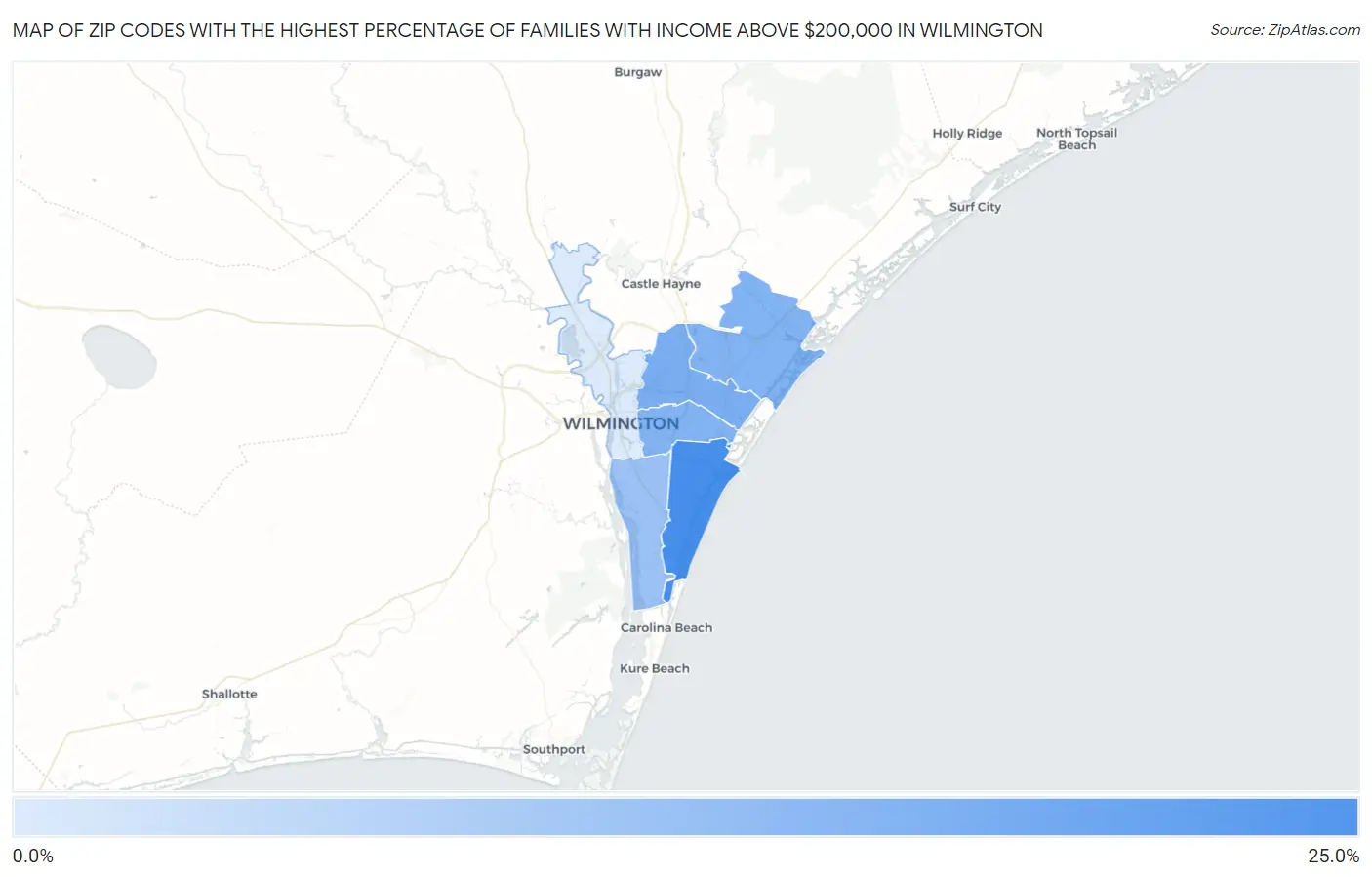 Zip Codes with the Highest Percentage of Families with Income Above $200,000 in Wilmington Map