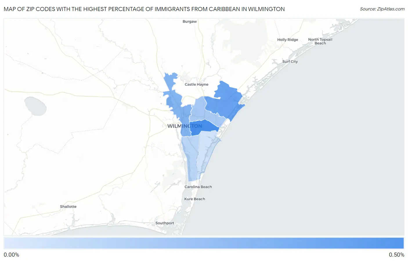Zip Codes with the Highest Percentage of Immigrants from Caribbean in Wilmington Map