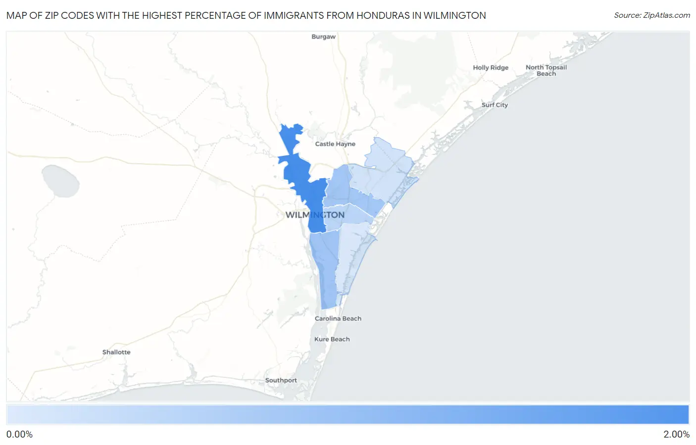 Zip Codes with the Highest Percentage of Immigrants from Honduras in Wilmington Map
