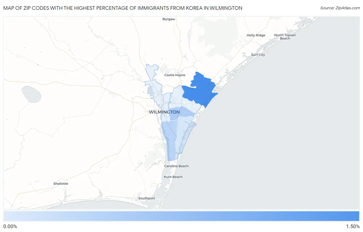 Zip Codes with the Highest Percentage of Immigrants from Korea in Wilmington Map