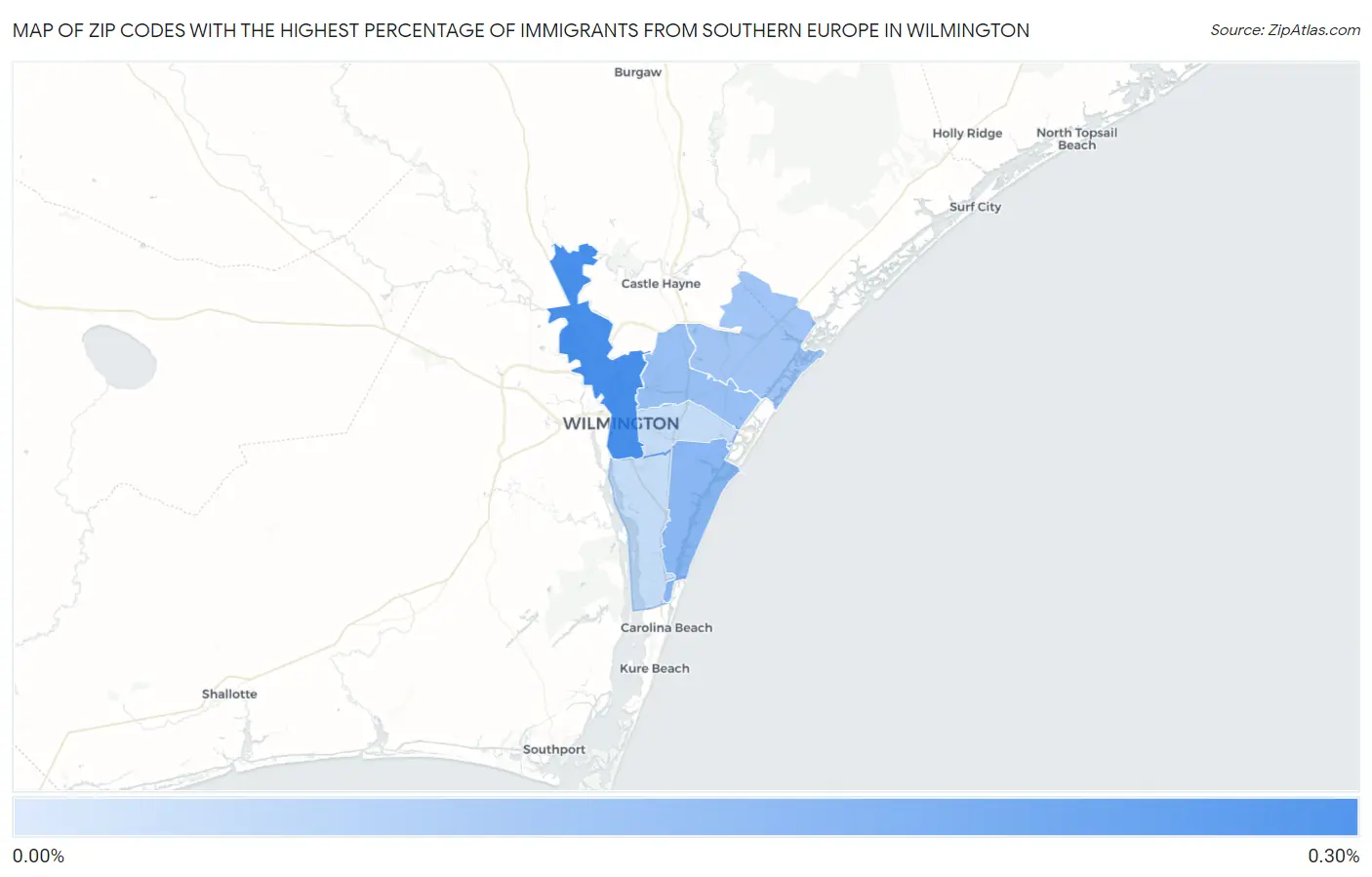 Zip Codes with the Highest Percentage of Immigrants from Southern Europe in Wilmington Map