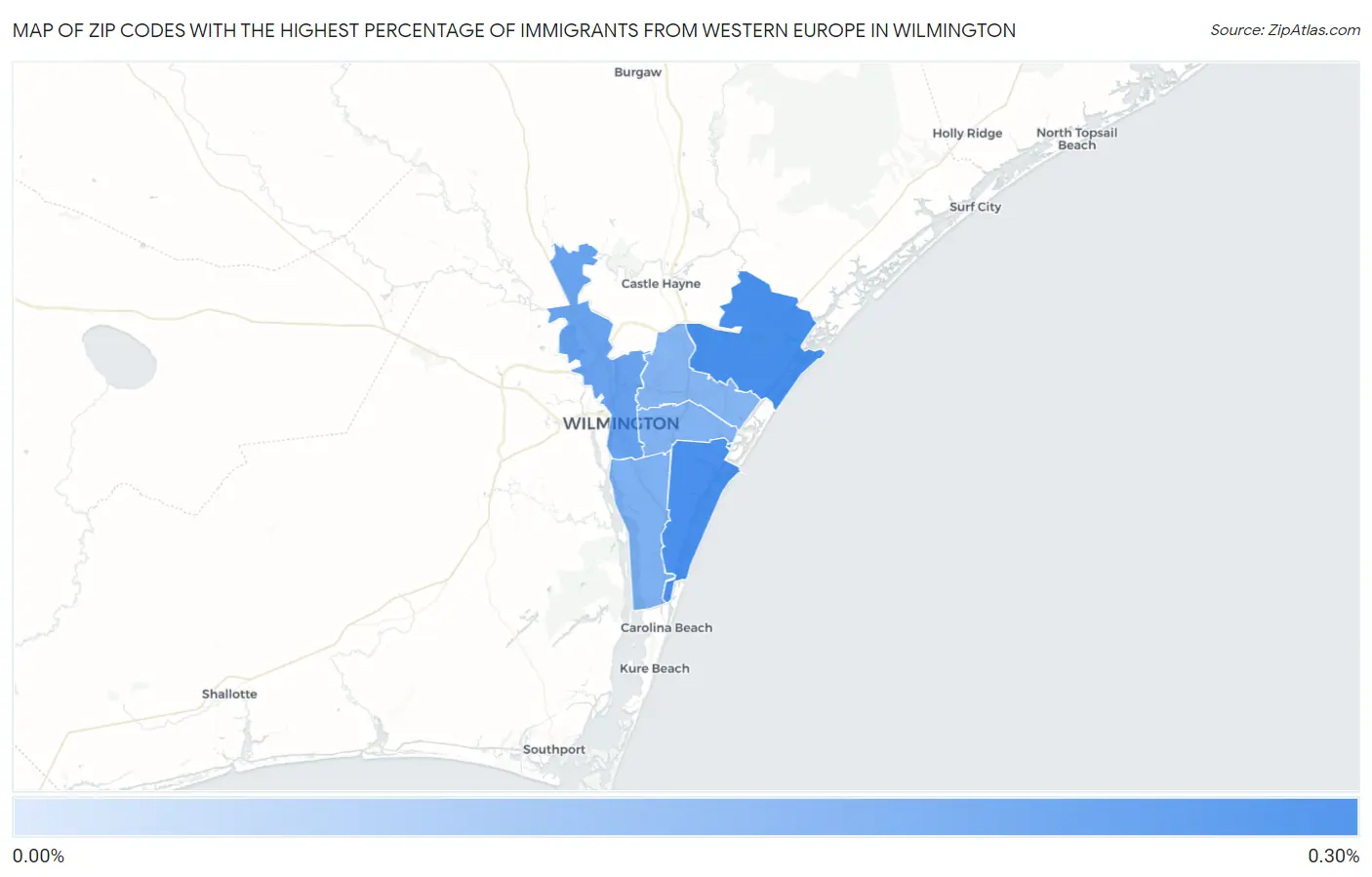 Zip Codes with the Highest Percentage of Immigrants from Western Europe in Wilmington Map