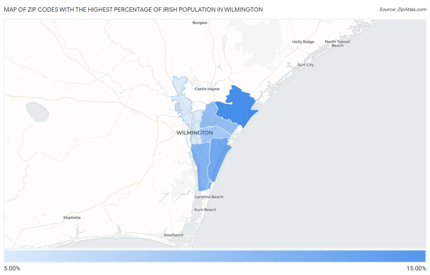 Zip Codes with the Highest Percentage of Irish Population in Wilmington Map