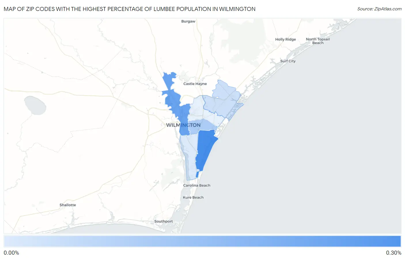 Zip Codes with the Highest Percentage of Lumbee Population in Wilmington Map