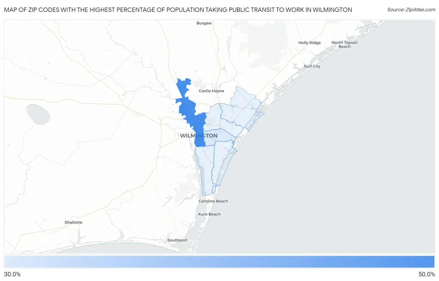 Zip Codes with the Highest Percentage of Population Taking Public Transit to Work in Wilmington Map