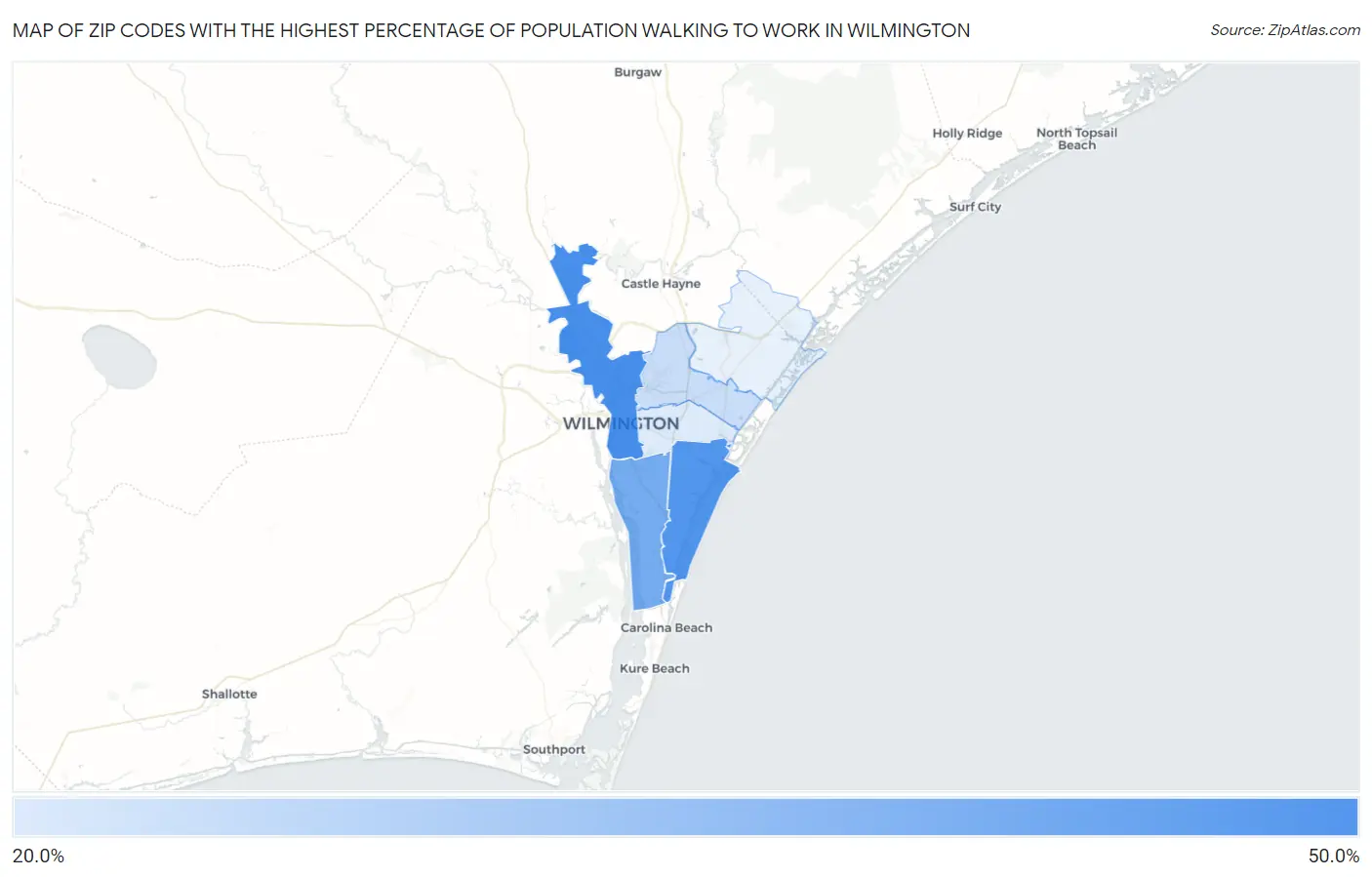 Zip Codes with the Highest Percentage of Population Walking to Work in Wilmington Map