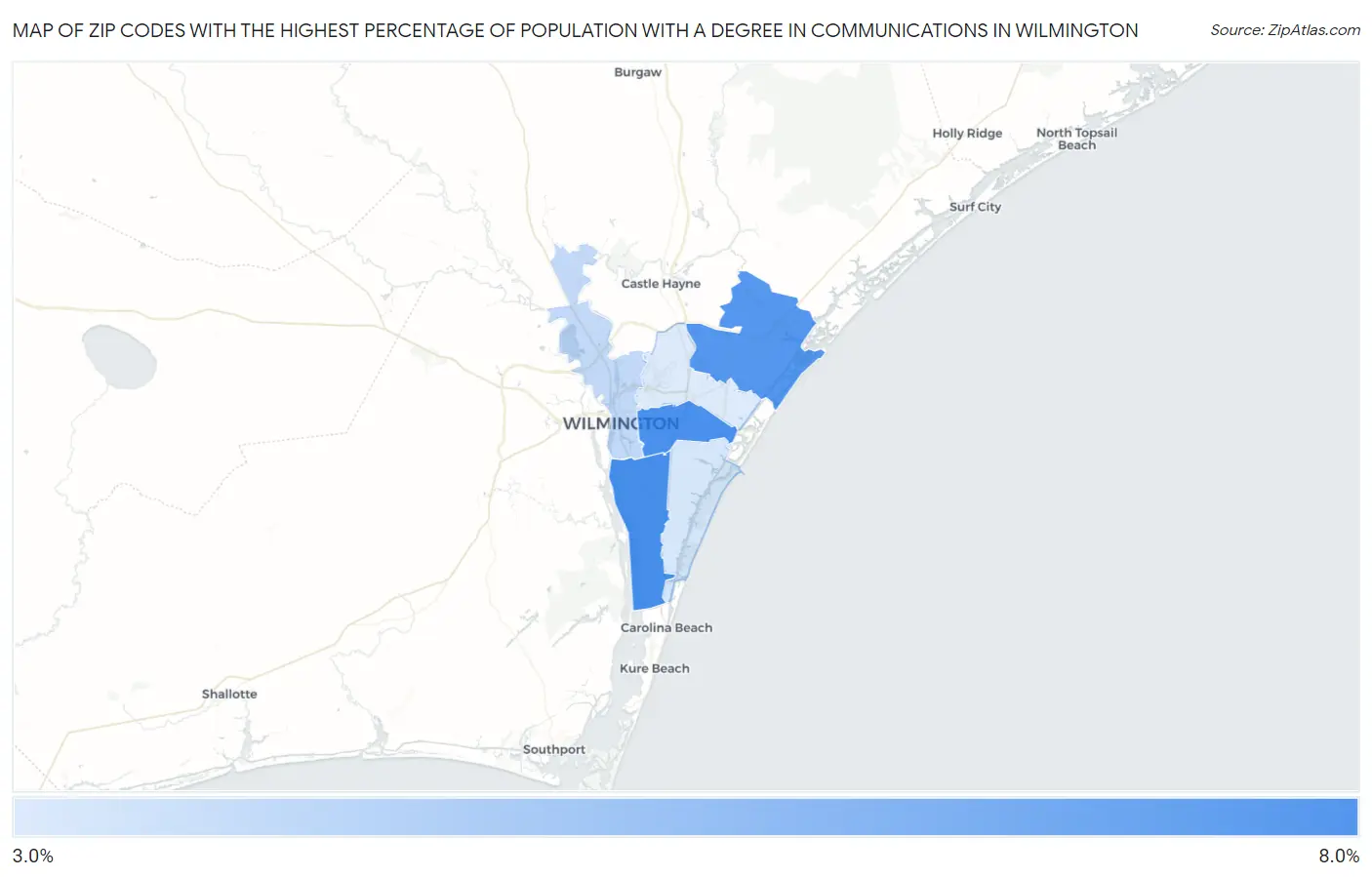 Zip Codes with the Highest Percentage of Population with a Degree in Communications in Wilmington Map