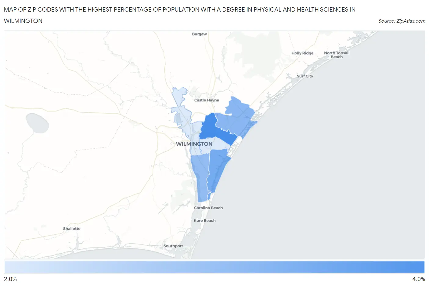 Zip Codes with the Highest Percentage of Population with a Degree in Physical and Health Sciences in Wilmington Map
