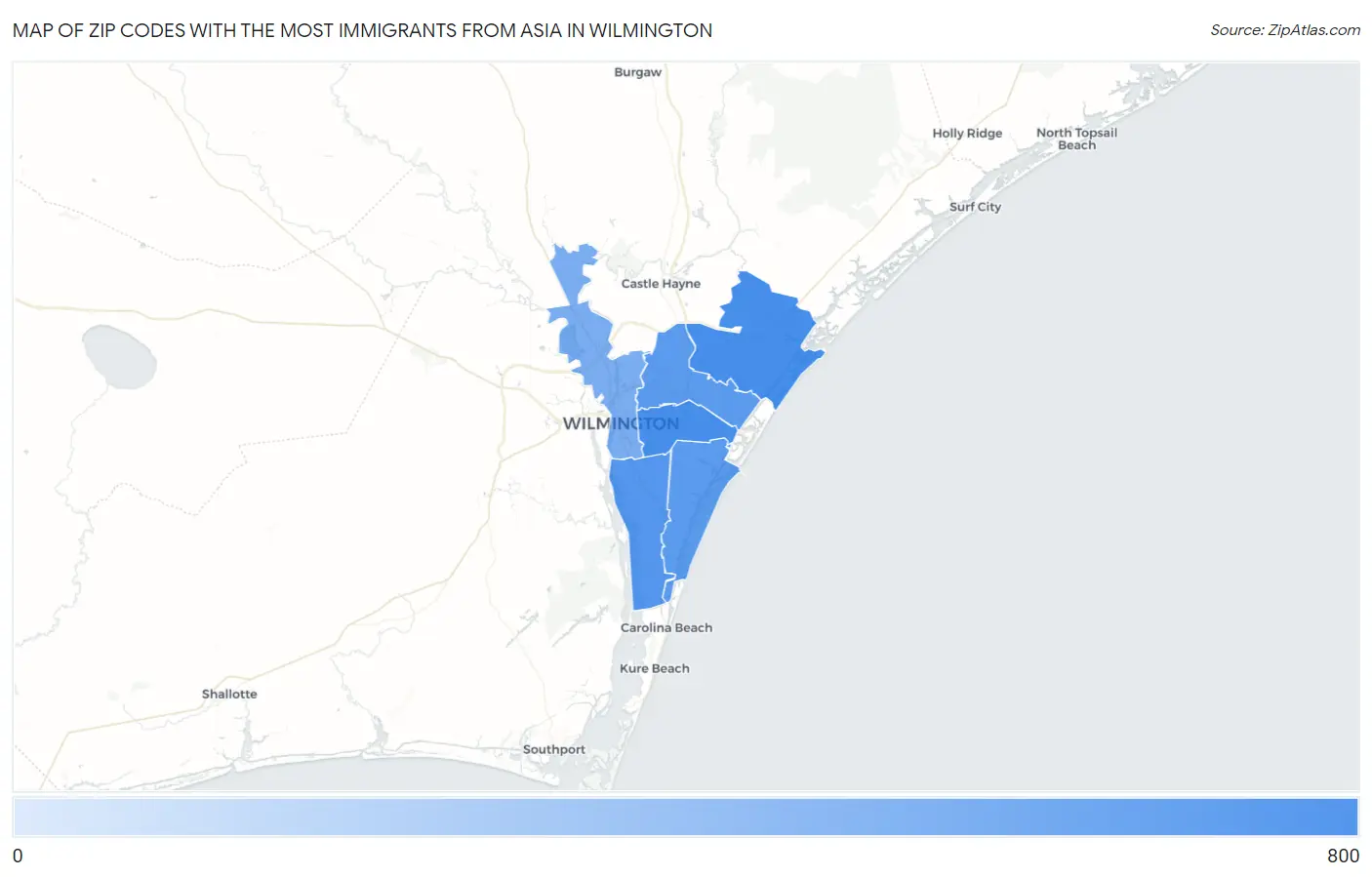 Zip Codes with the Most Immigrants from Asia in Wilmington Map