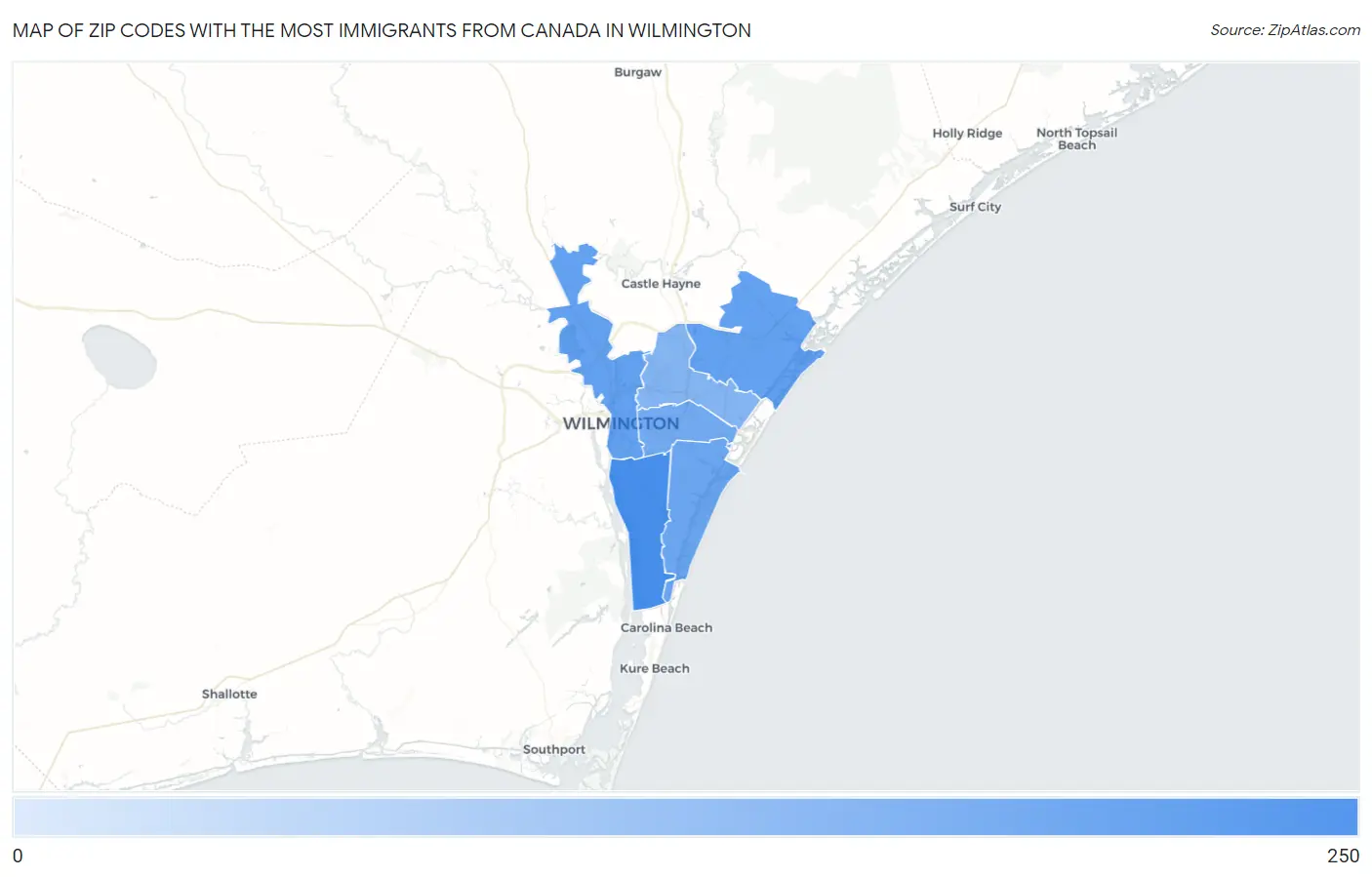 Zip Codes with the Most Immigrants from Canada in Wilmington Map