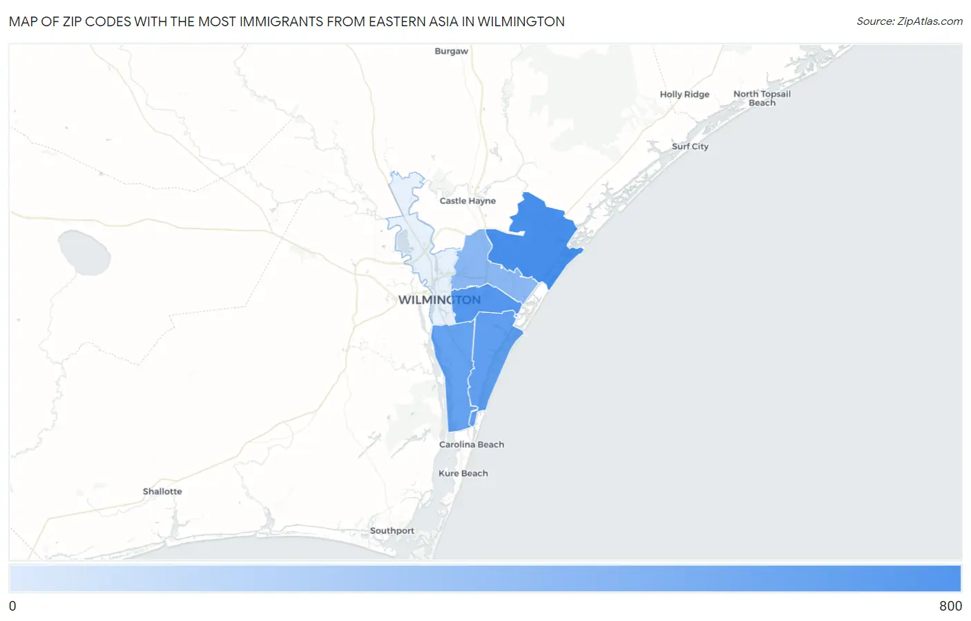 Zip Codes with the Most Immigrants from Eastern Asia in Wilmington Map