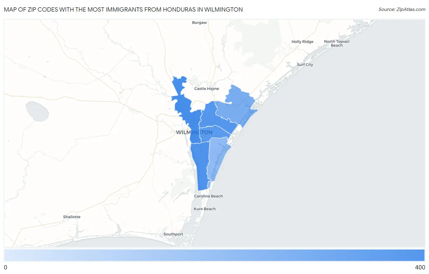 Zip Codes with the Most Immigrants from Honduras in Wilmington Map