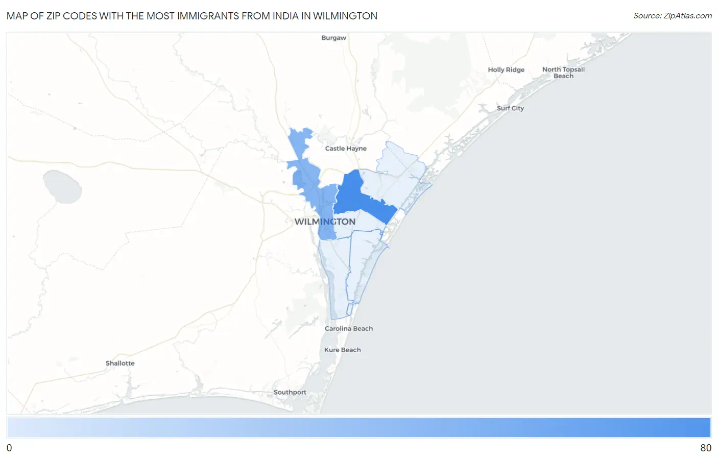 Zip Codes with the Most Immigrants from India in Wilmington Map